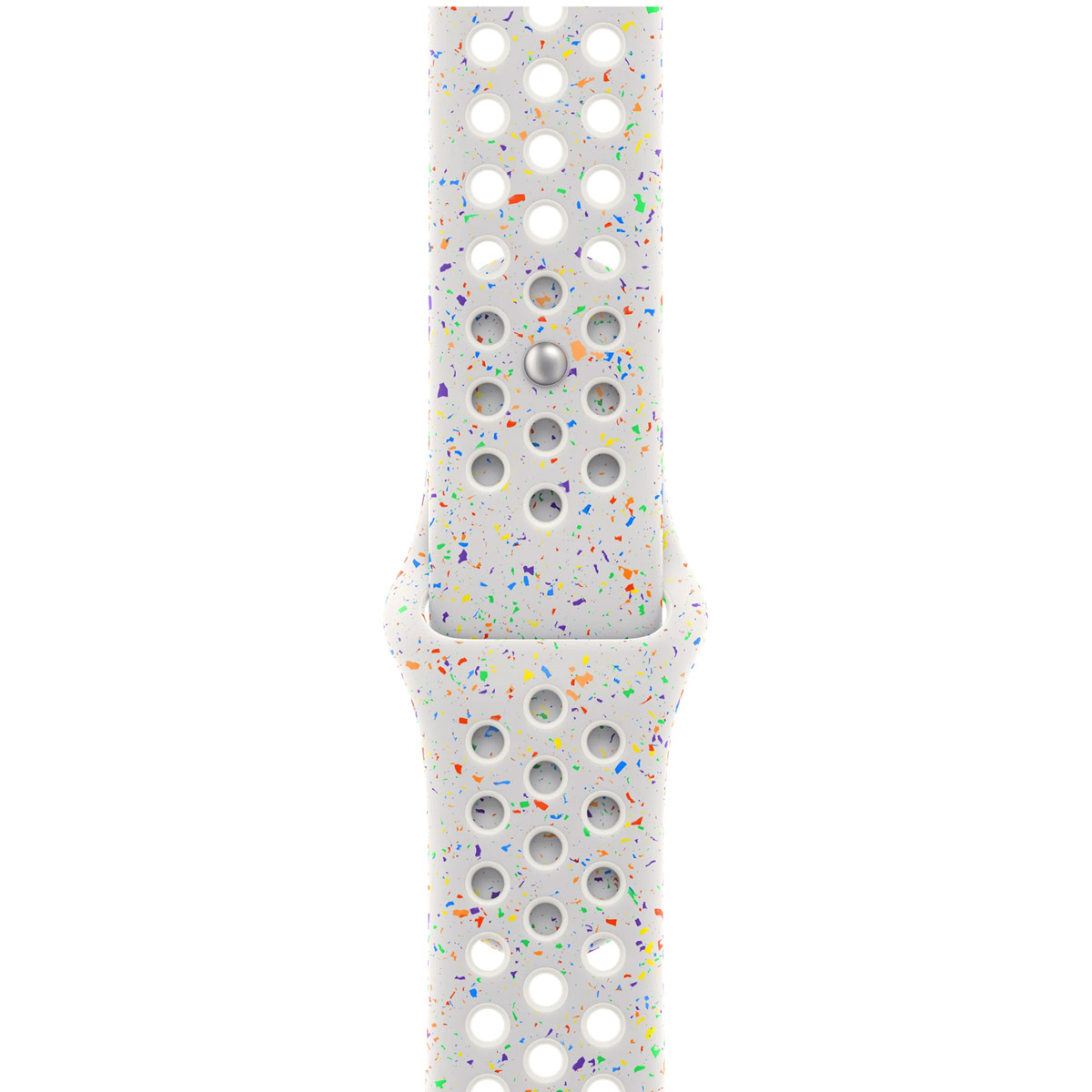 A white watch band with colorful speckles and circular perforations.