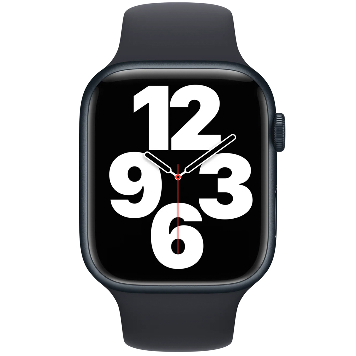 Montre connectée gris foncé avec grand cadran et chiffres blancs.