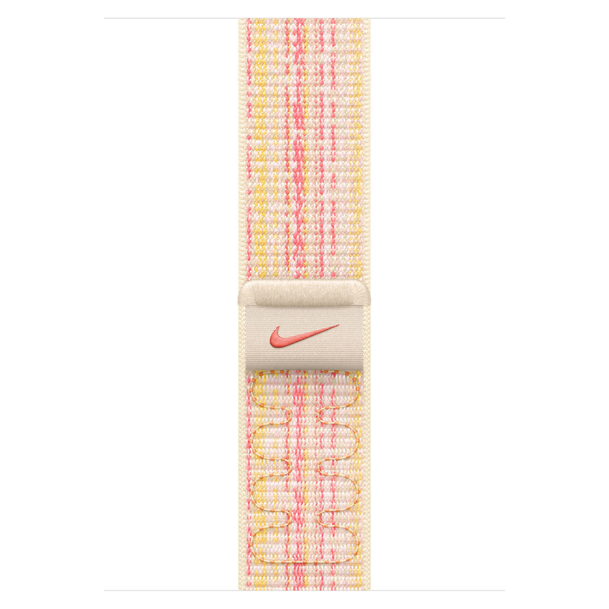A sleek fabric watch band with a pink and yellow plaid pattern on a light background.