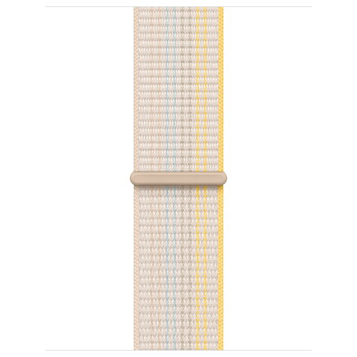 A light beige woven band with blue and yellow stripes and a beige loop.