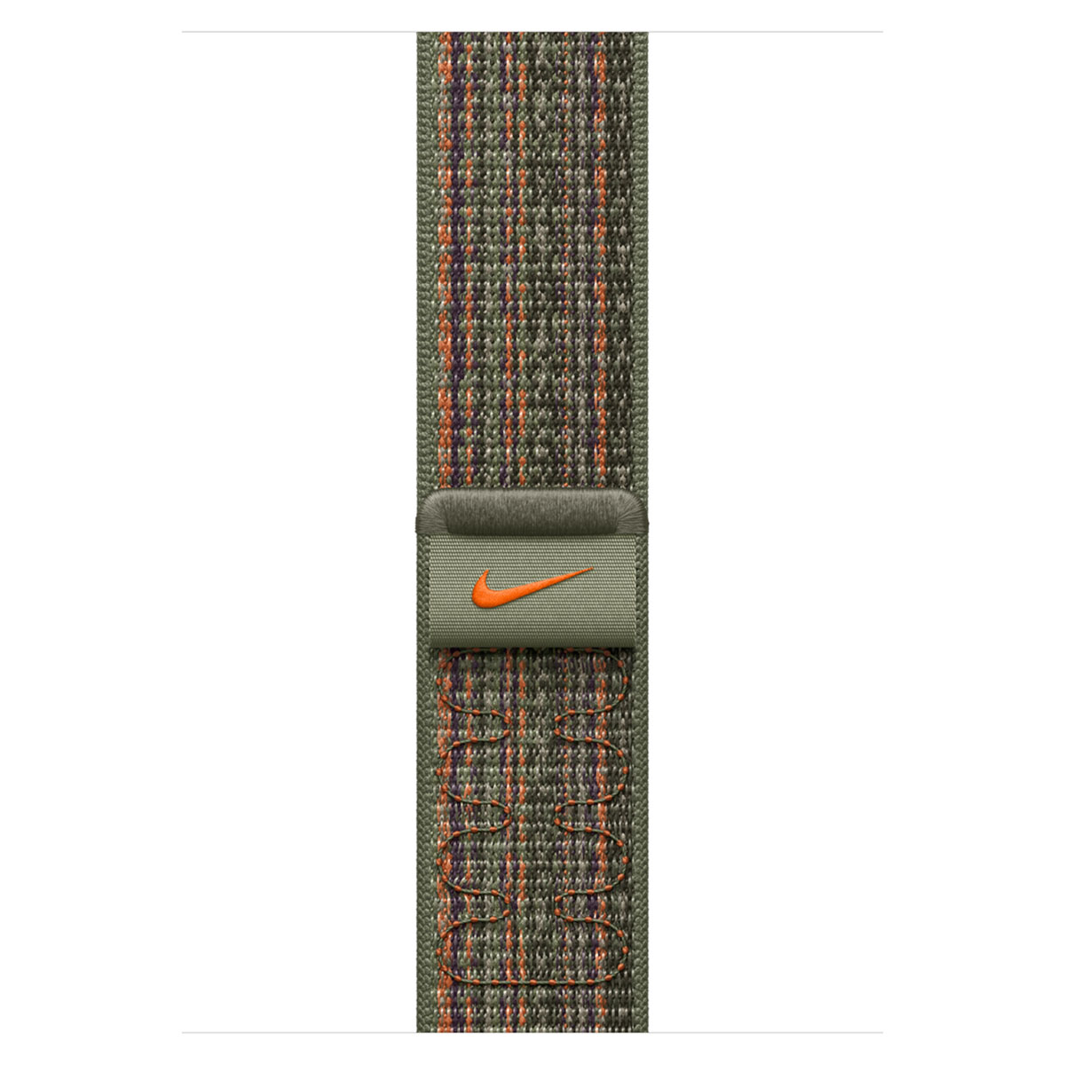 Ein grünes Nike-Armband mit orangefarbenem Swoosh-Logo und mehrfarbigen Fäden.
