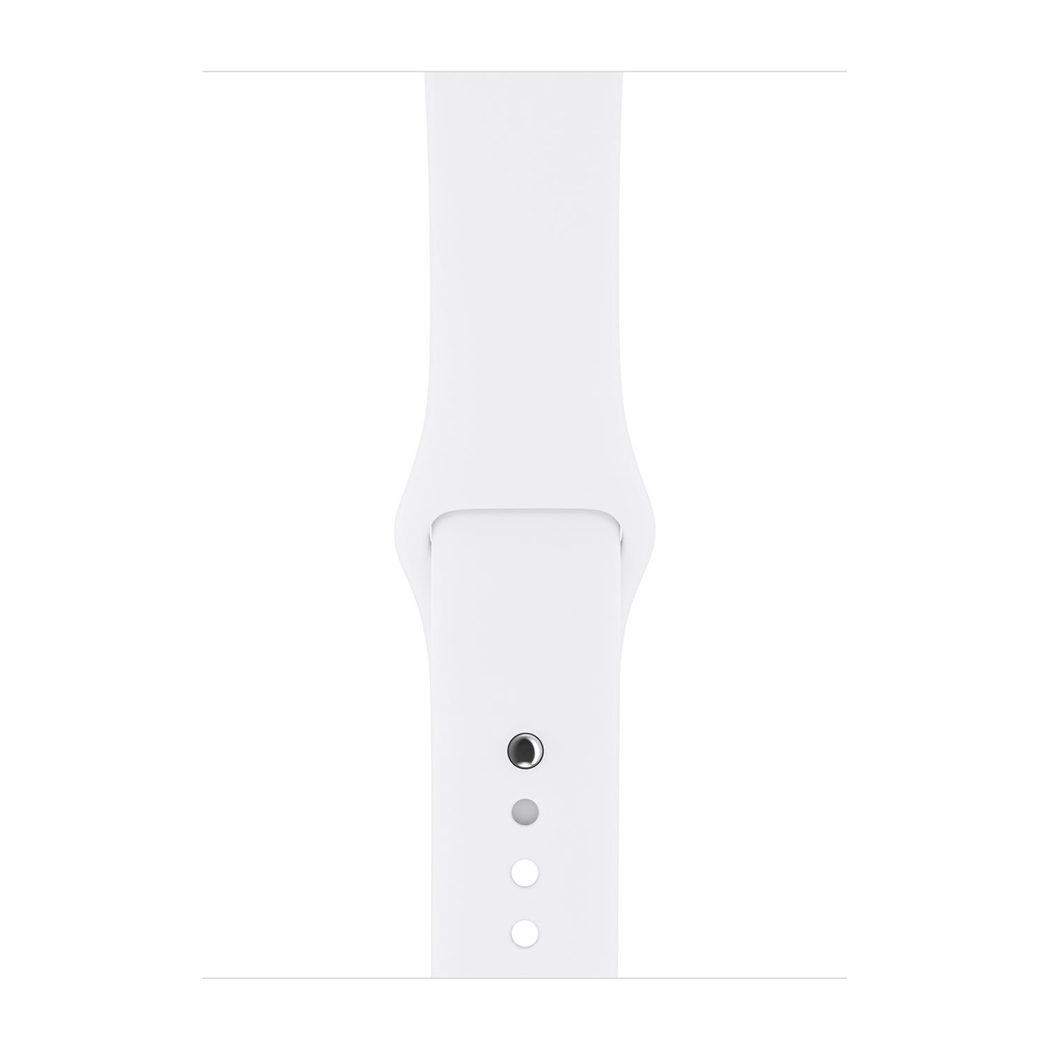 Een witte smartwatch band met vier gaten en een knop.