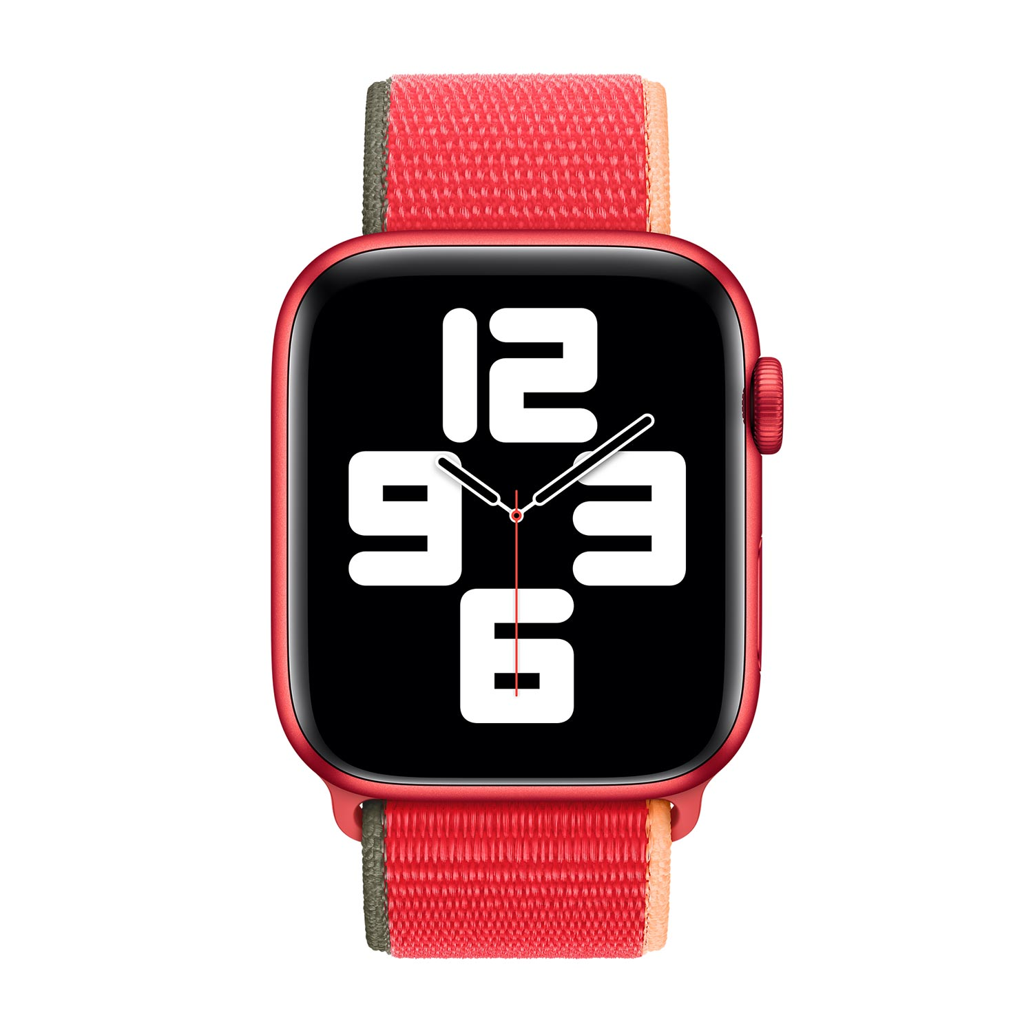 Montre connectée rouge avec cadran noir et chiffres blancs.