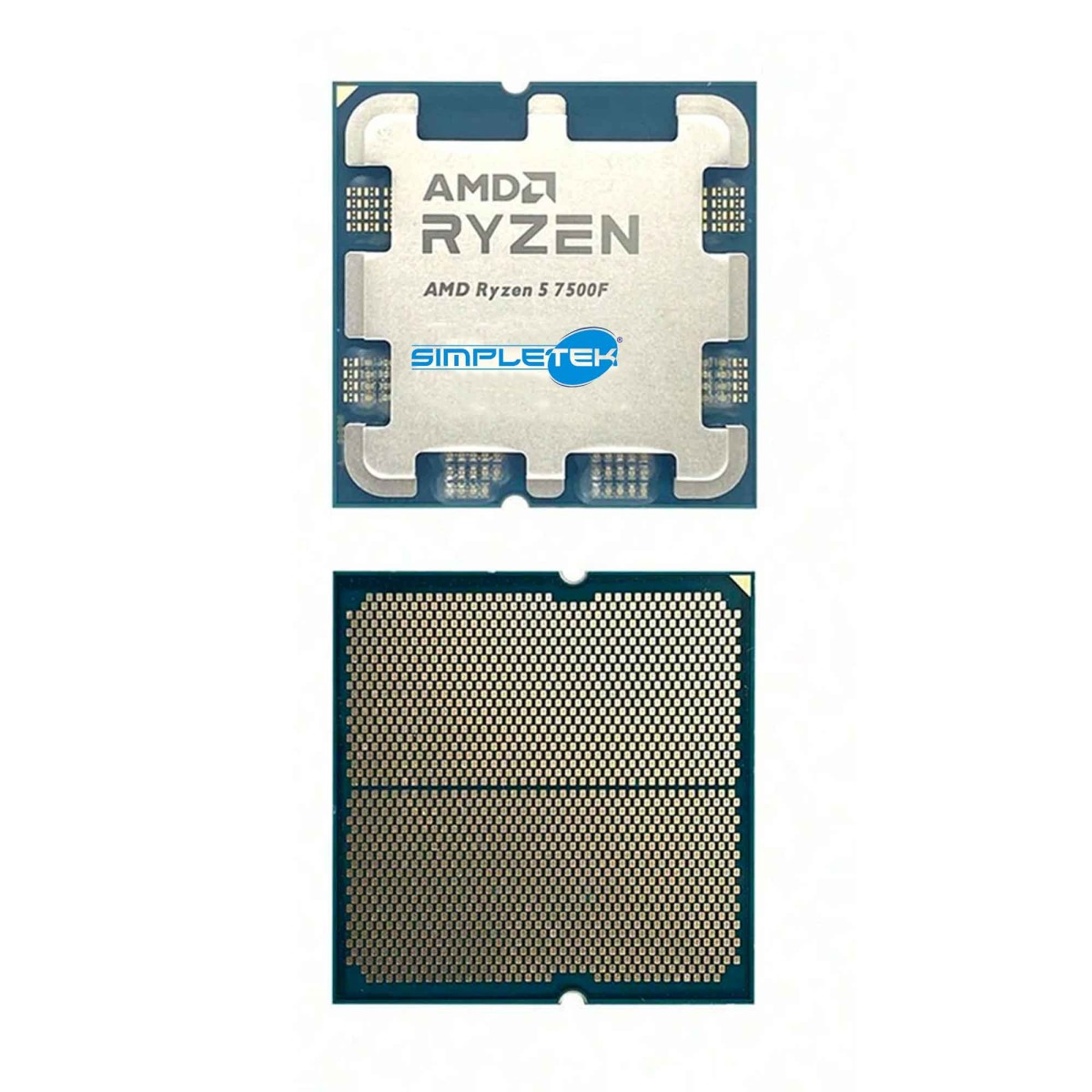 Oberseite und Unterseite eines AMD Ryzen Prozessors mit Pins.