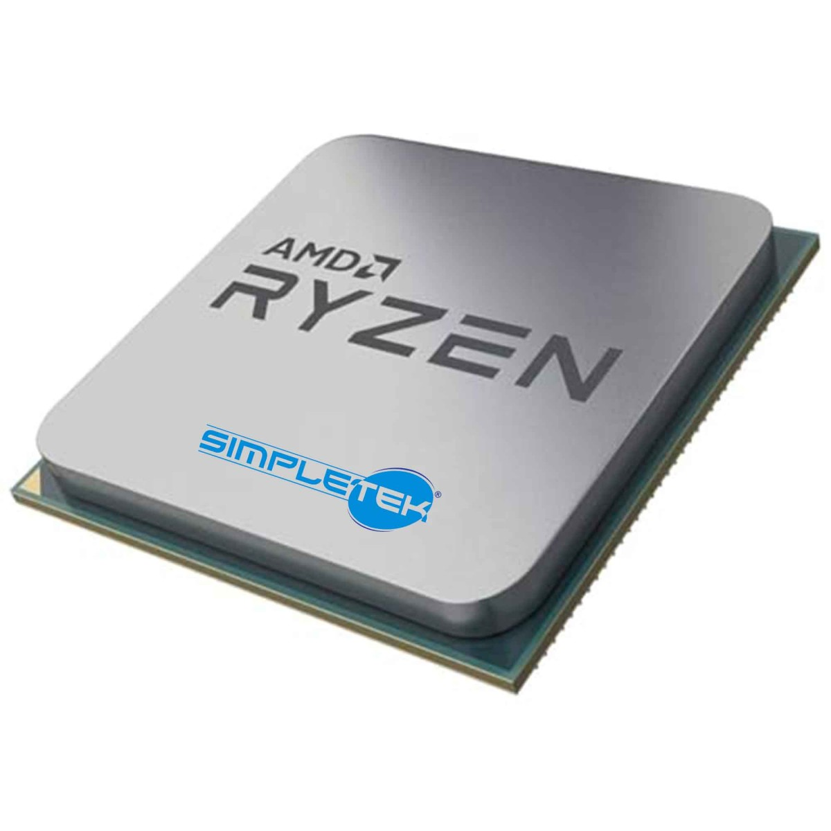 AMD Ryzen Prozessor mit SIMPLETEK-Logo auf silbernem Gehäuse.