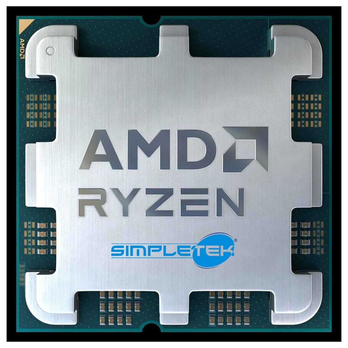AMD Ryzen Prozessor mit SimpleTek-Logo. Metalloberfläche mit Leiterbahnen.