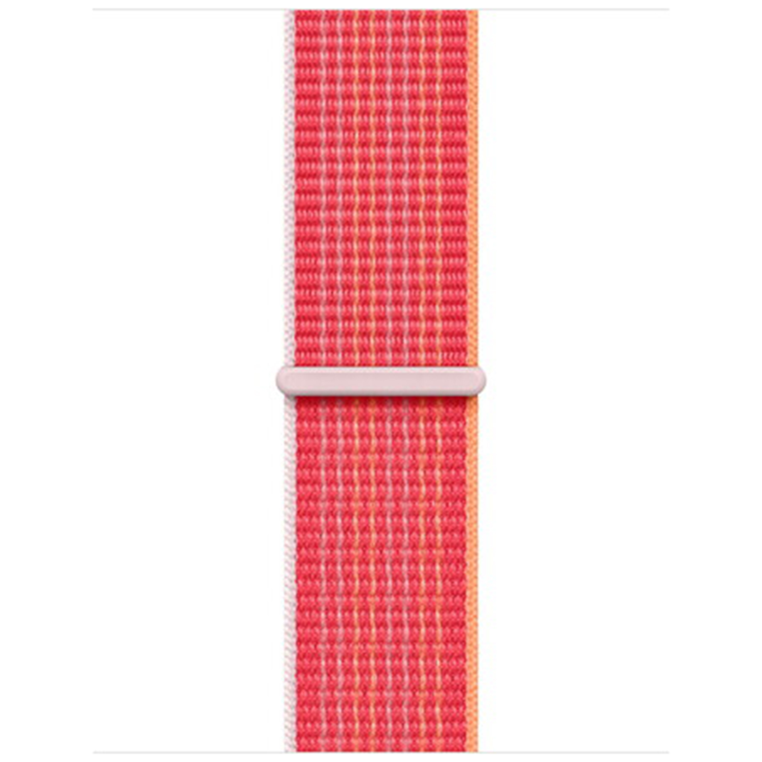A woven band in shades of red and orange, featuring a hook-and-loop fastener.