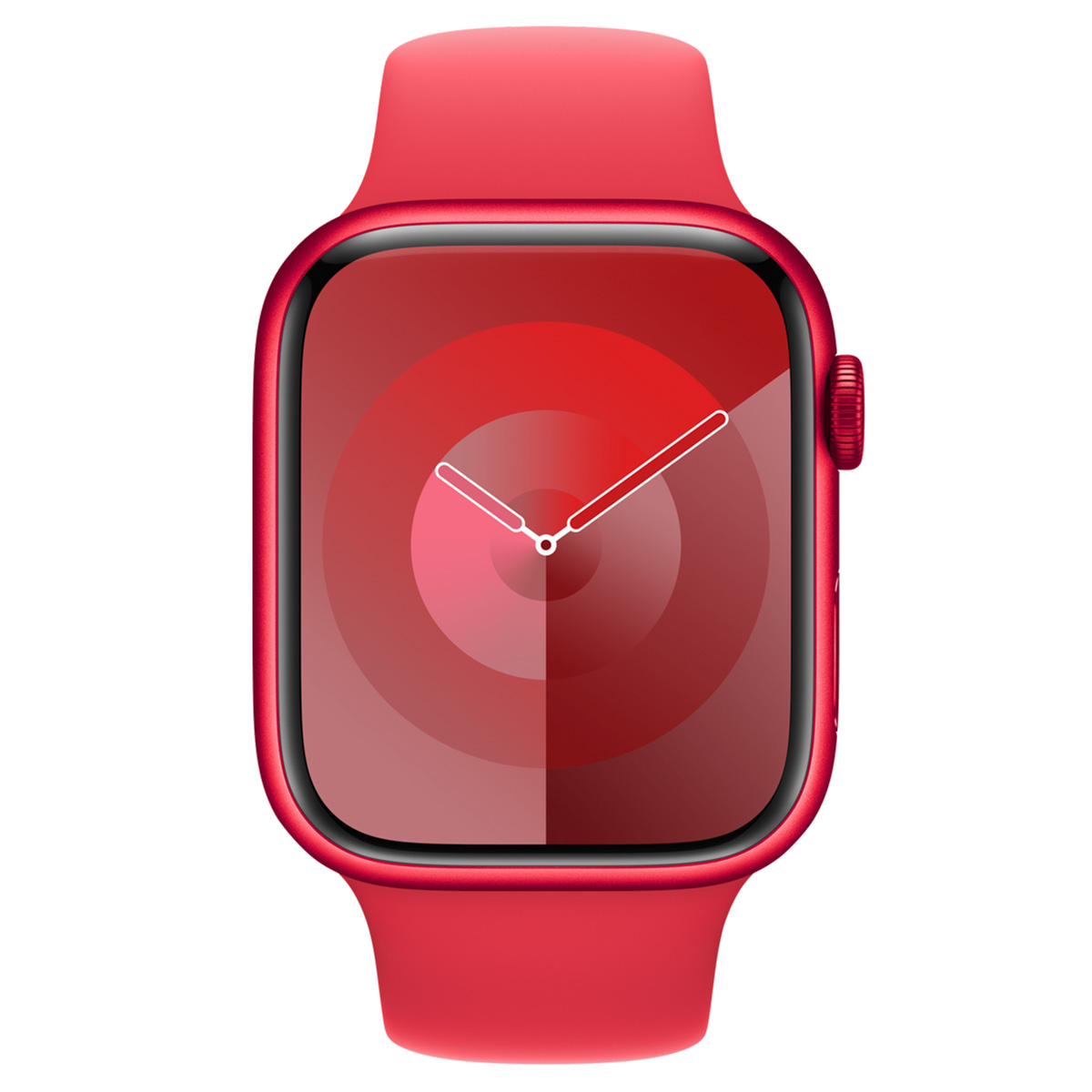 Een rode smartwatch met een rode wijzerplaat die op een doelwit lijkt. Twee wijzers.