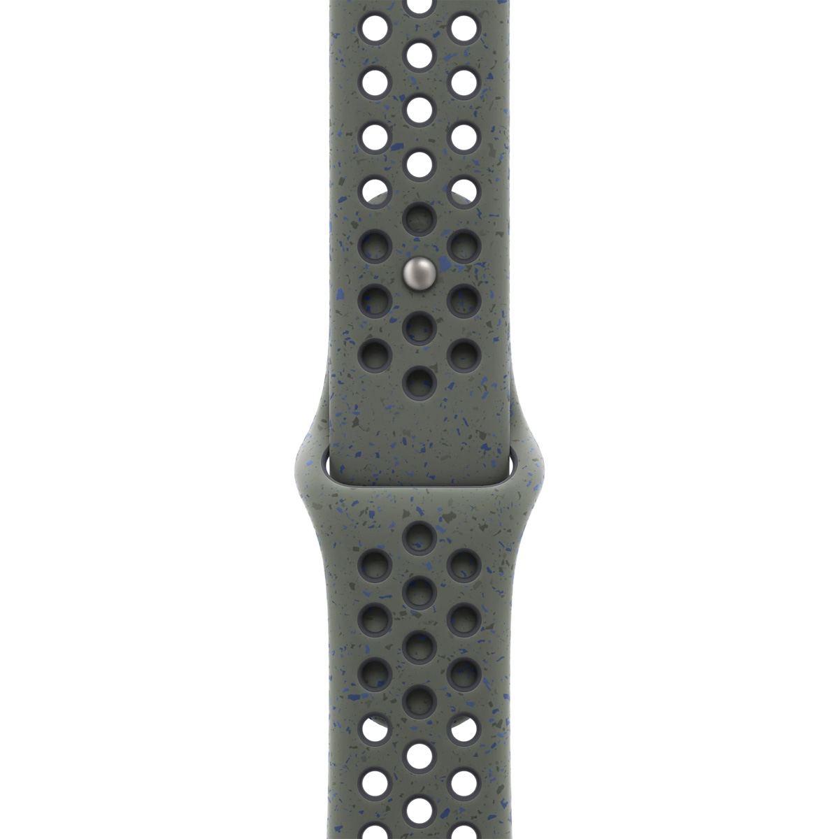 Gray watch band with perforations and blue speckles, featuring a metal buckle.