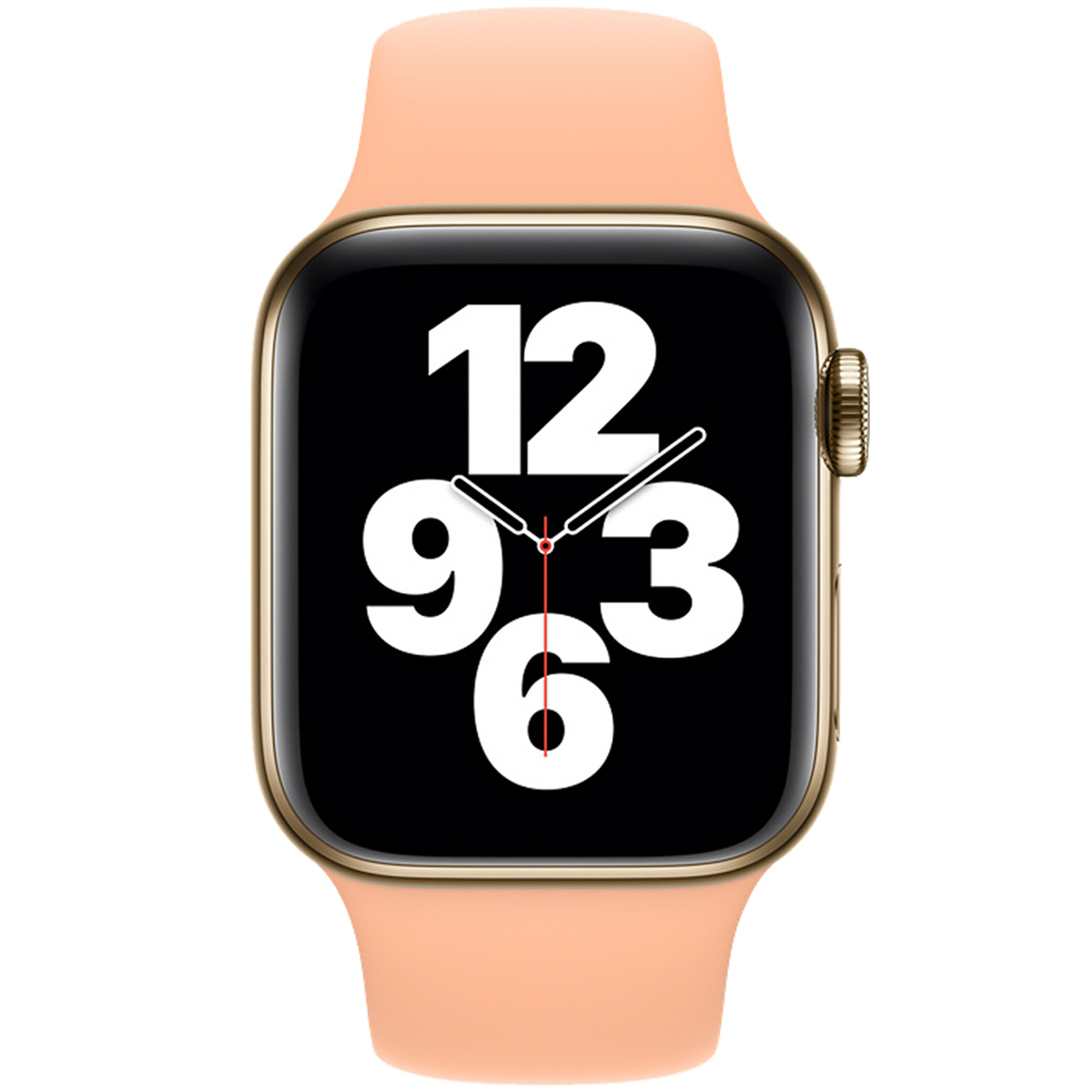 Eine goldene Smartwatch mit einem hellorangen Armband und digitaler Zeitanzeige.