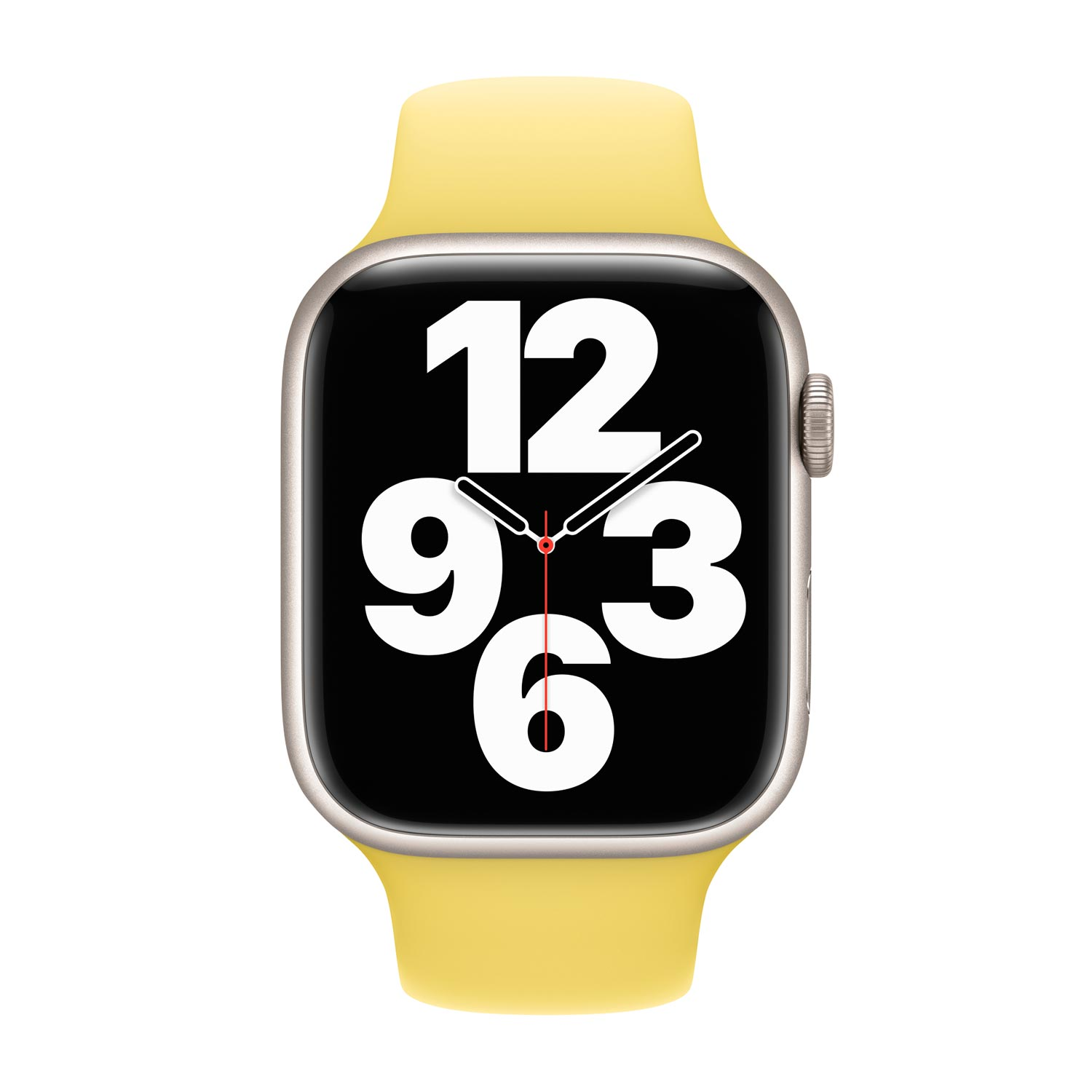 A yellow Apple Watch with a black face and white numbers.