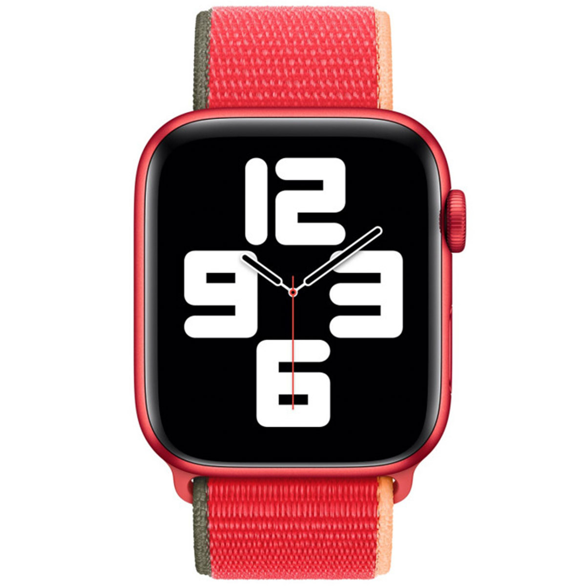 Czerwony smartwatch z białymi cyframi na ekranie i materiałową bransoletą.