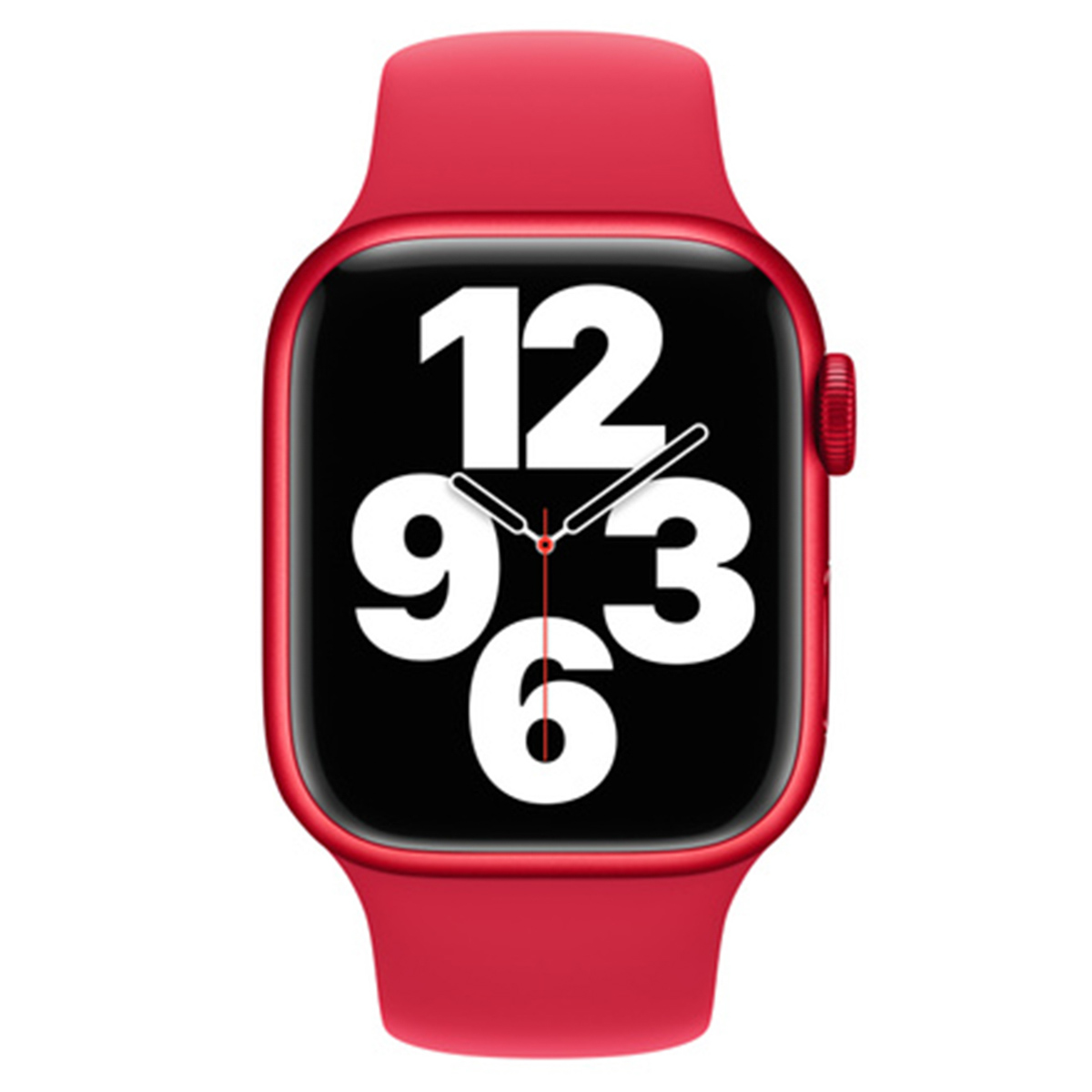 A red smartwatch with a black face displaying the numbers 12, 9, 3, and 6.