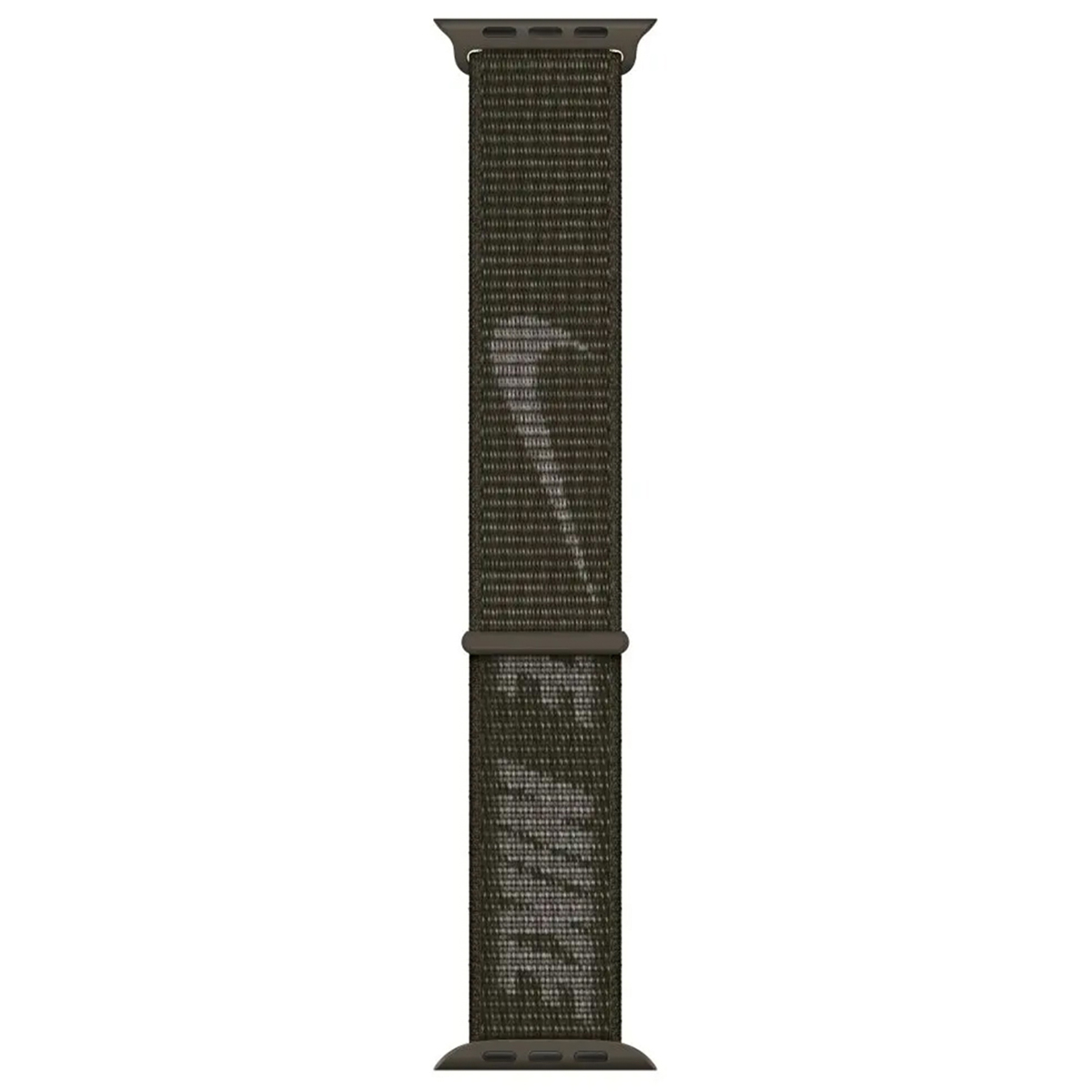 A dark green woven Apple Watch band with a light gray Nike logo.