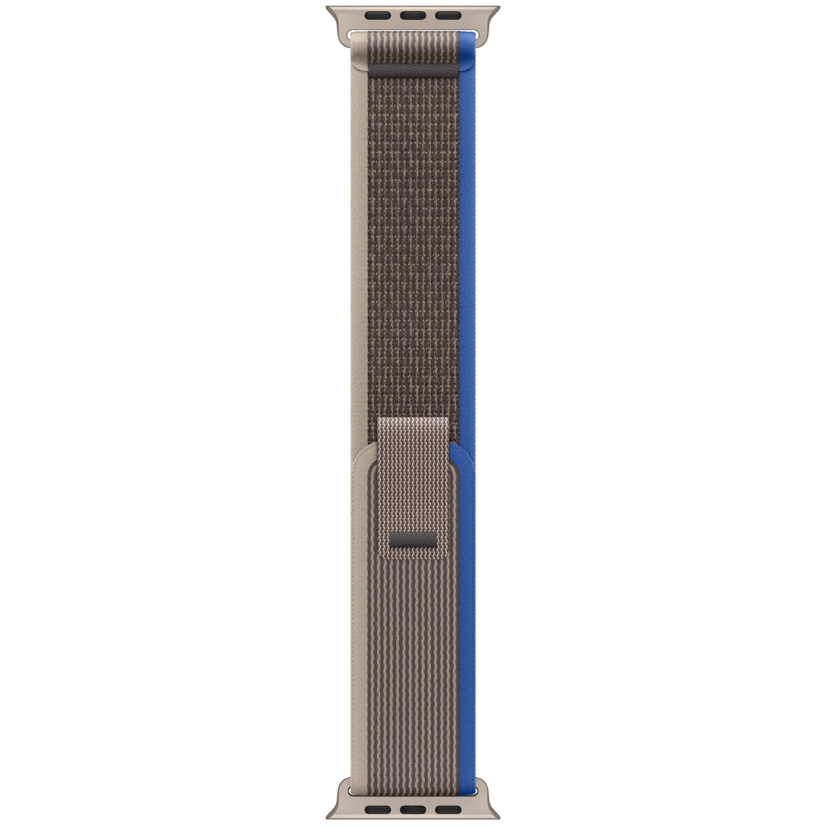 Gray and brown Apple Watch band with blue edge, silver connector.