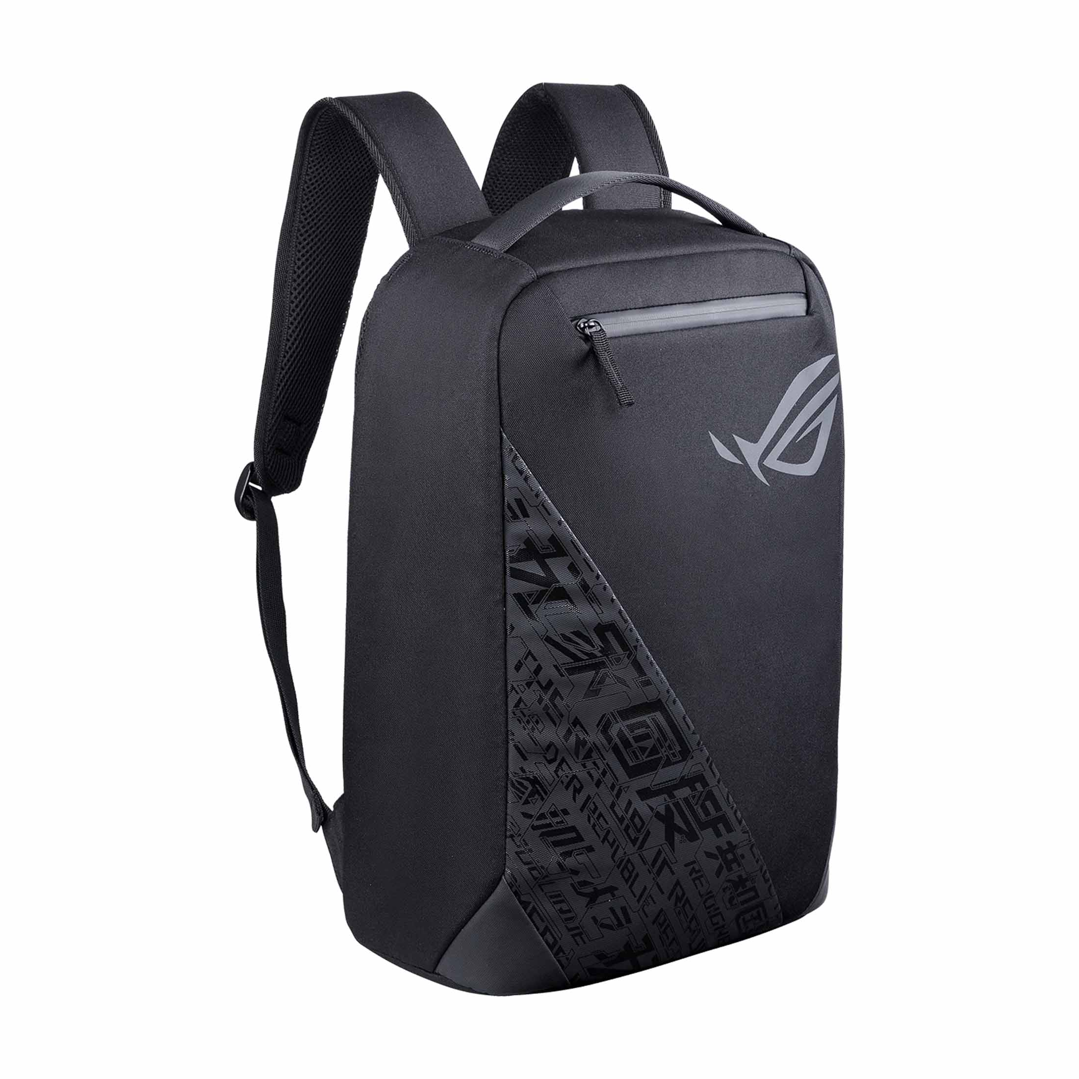 Ein schwarzer Rucksack mit ROG-Logo und Textmuster.