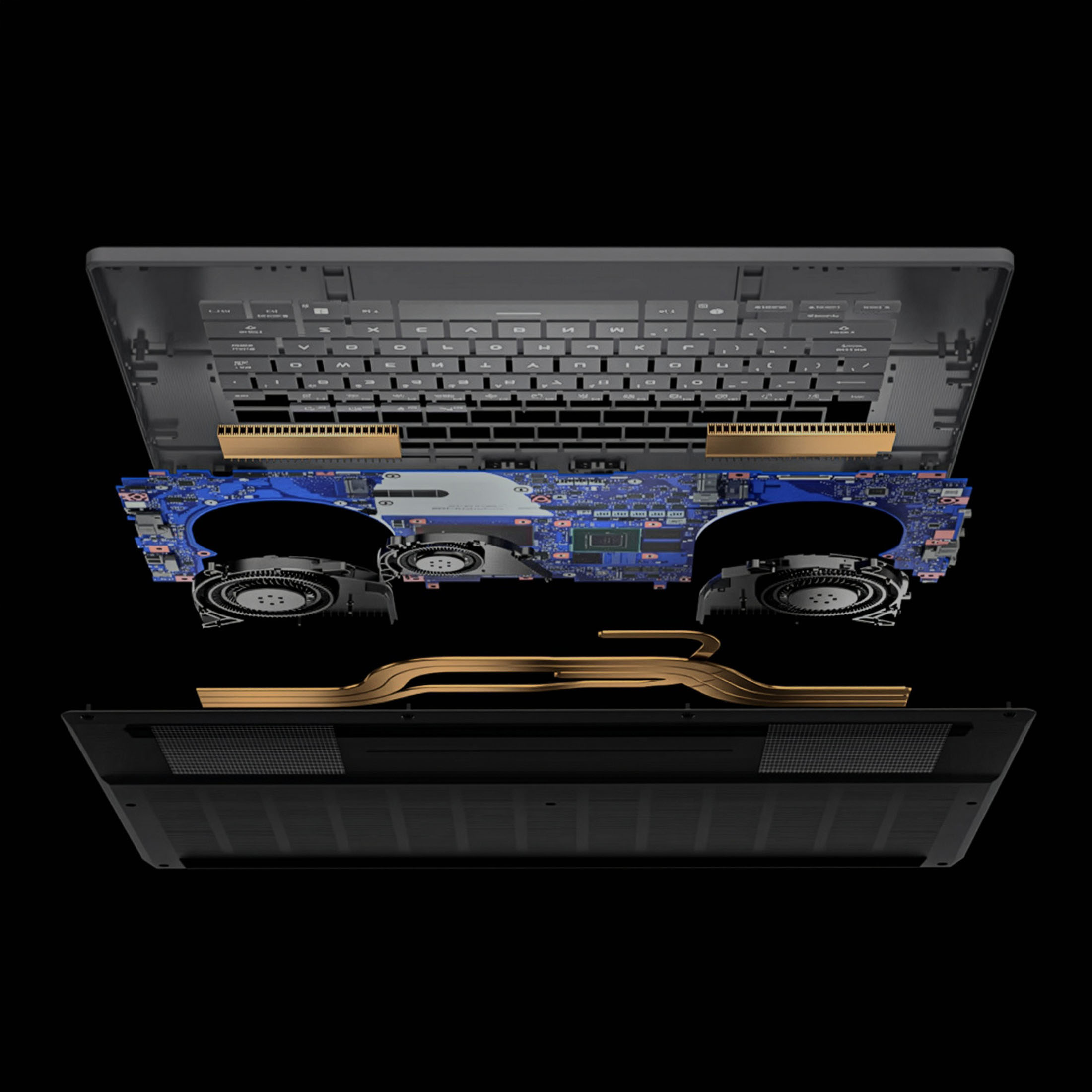 Explosionsansicht von Laptop-Internals: Tastatur, Lüfter, Platine und Wärmerohre.