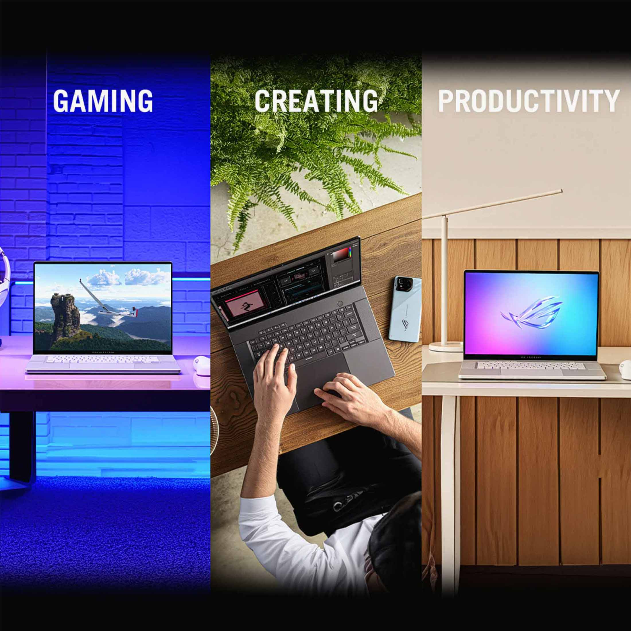 Drei Laptops zeigen Gaming, Kreation und Produktivität mit passenden Hintergründen.