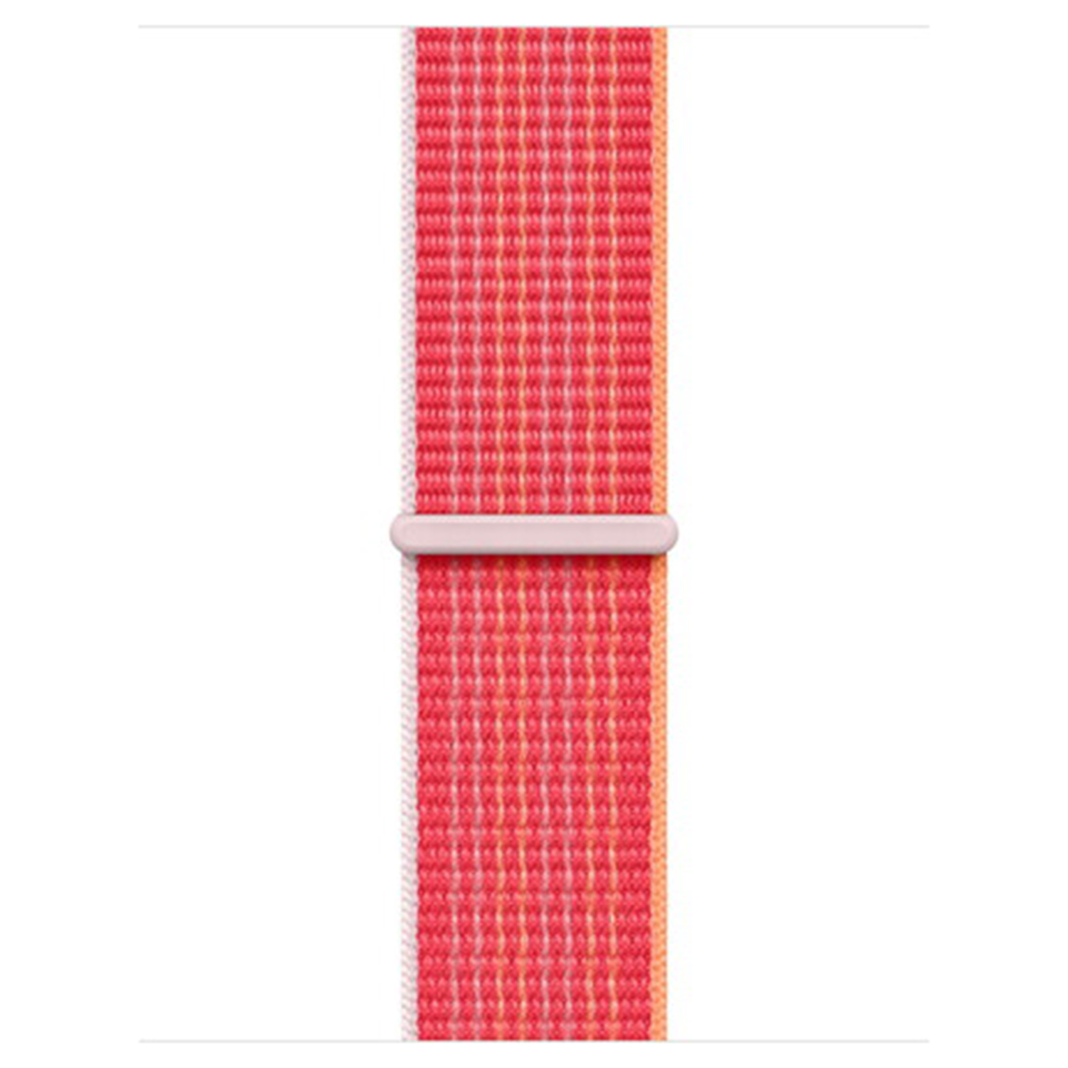 A pink and orange woven watch band with a light pink closure.