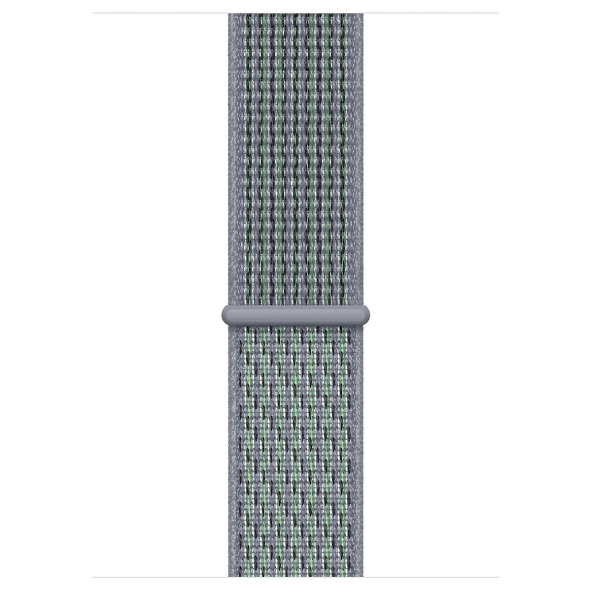 Gray fabric watch band with vertical green and black stripes and a gray loop.