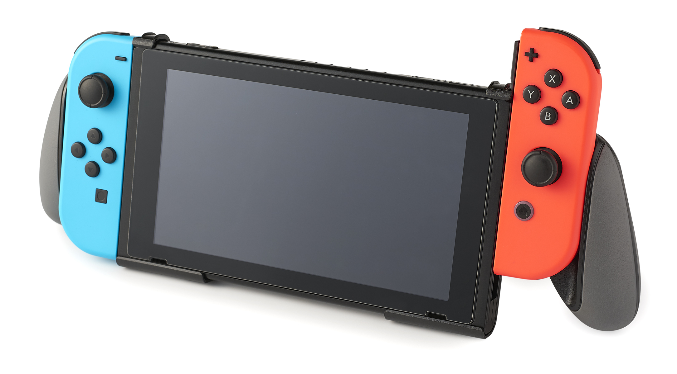 Konsola Nintendo Switch z niebieskim Joy-Conem po lewej i czerwonym po prawej.