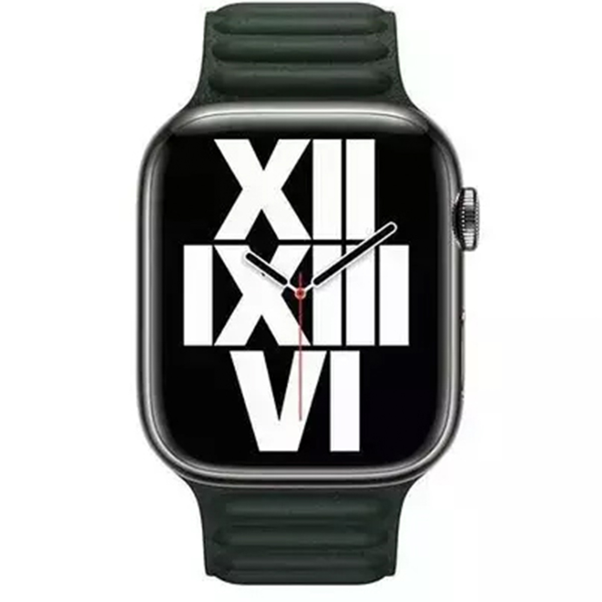 A dark green smartwatch with a Roman numeral watch face and black hands.