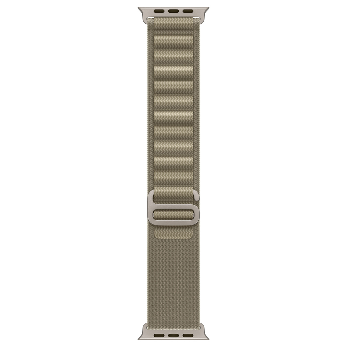 Un bracelet vert olive pour Apple Watch avec boucle et passants argentés.
