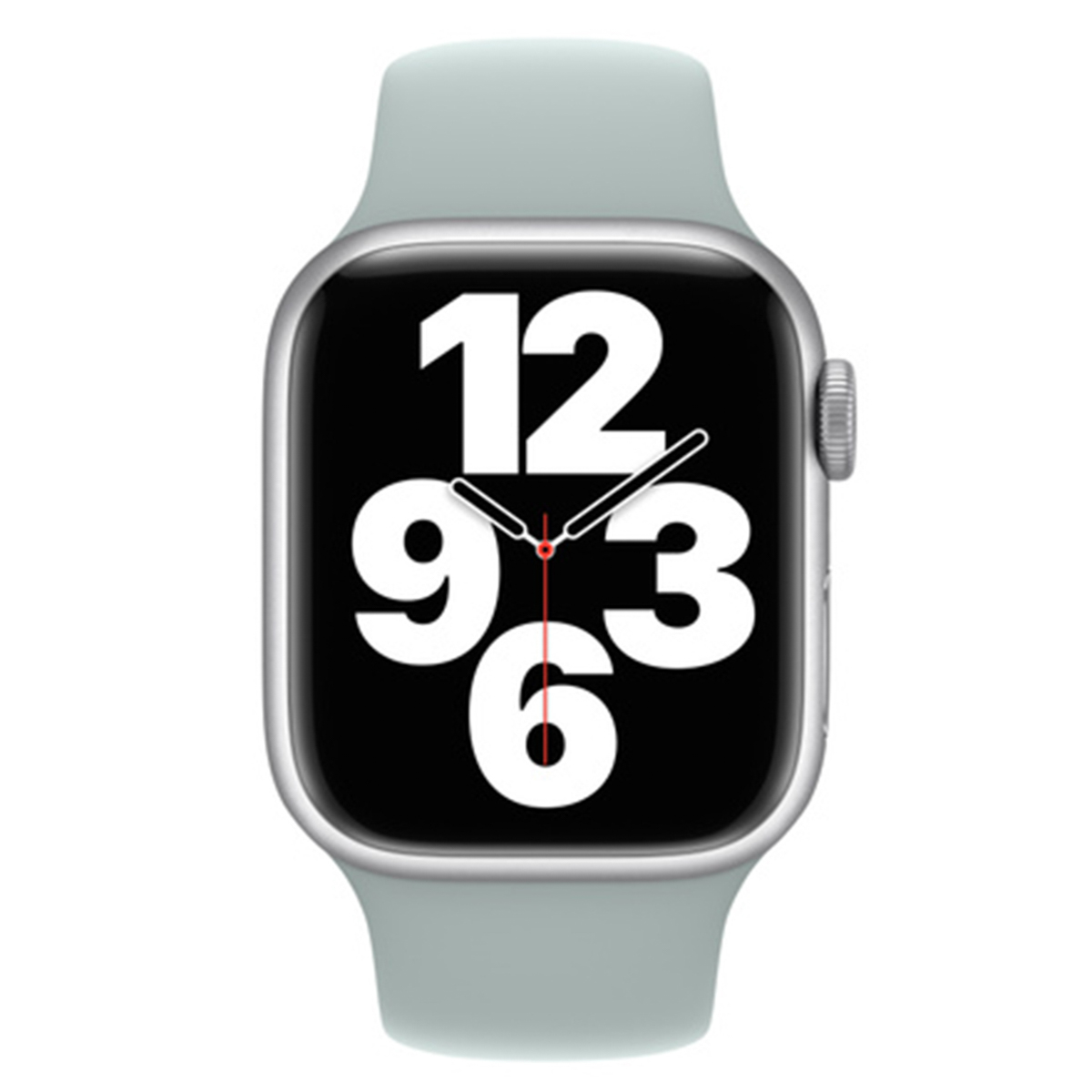 Gray smartwatch with digital display, hands at 12, 9, and 3.
