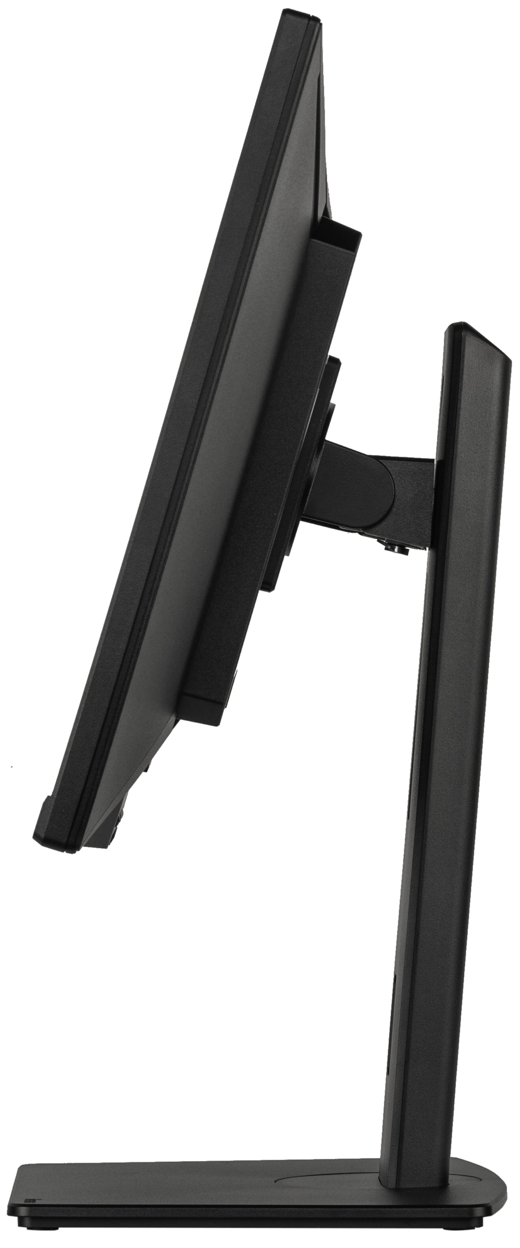 Czarny monitor na stojaku, widziany z boku.