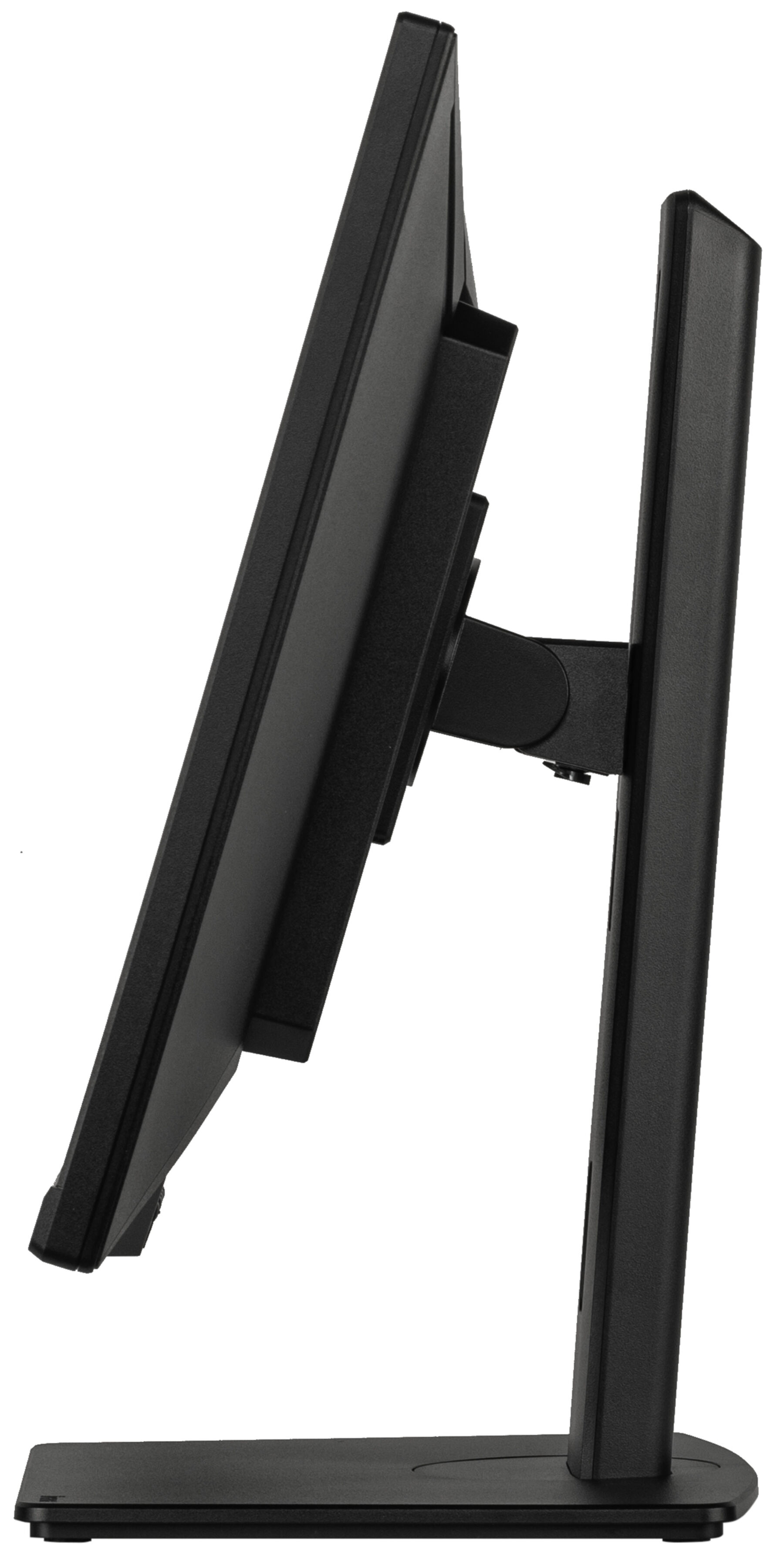 Czarny monitor komputerowy w profilu na białym tle.