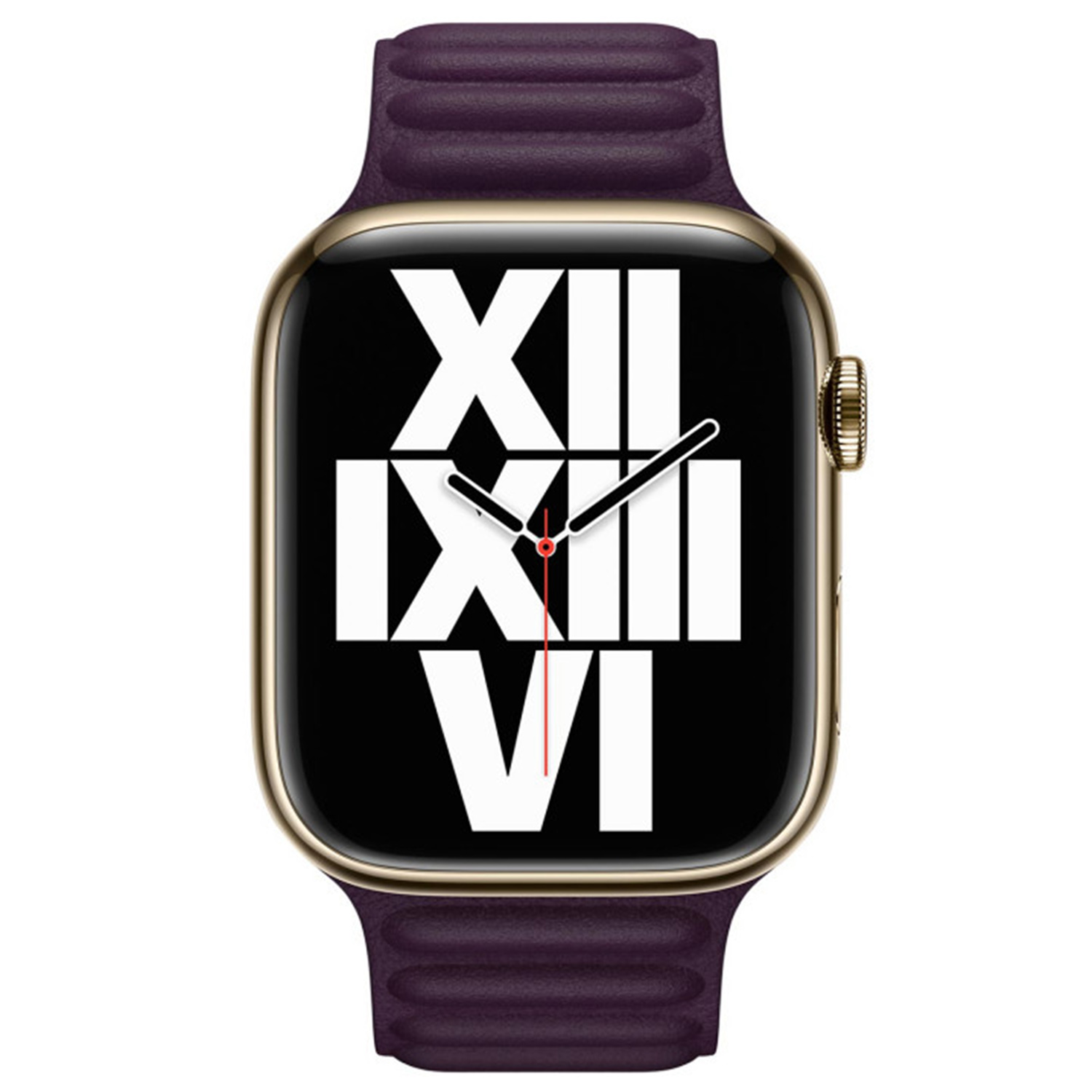 Een gouden smartwatch met paarse band en zwart display met Romeinse cijfers.