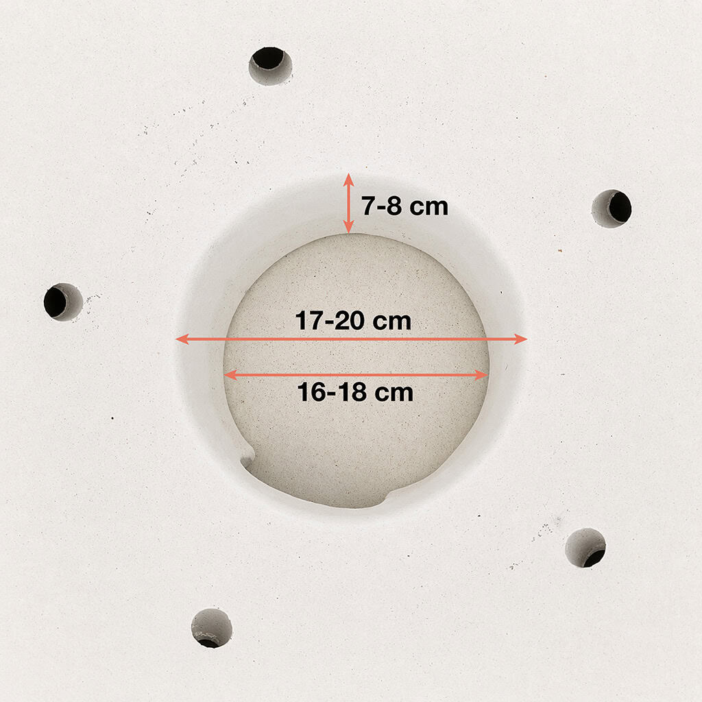 Weiße Oberfläche mit Messungen: 7-8 cm, 17-20 cm, 16-18 cm. Mehrere Löcher.