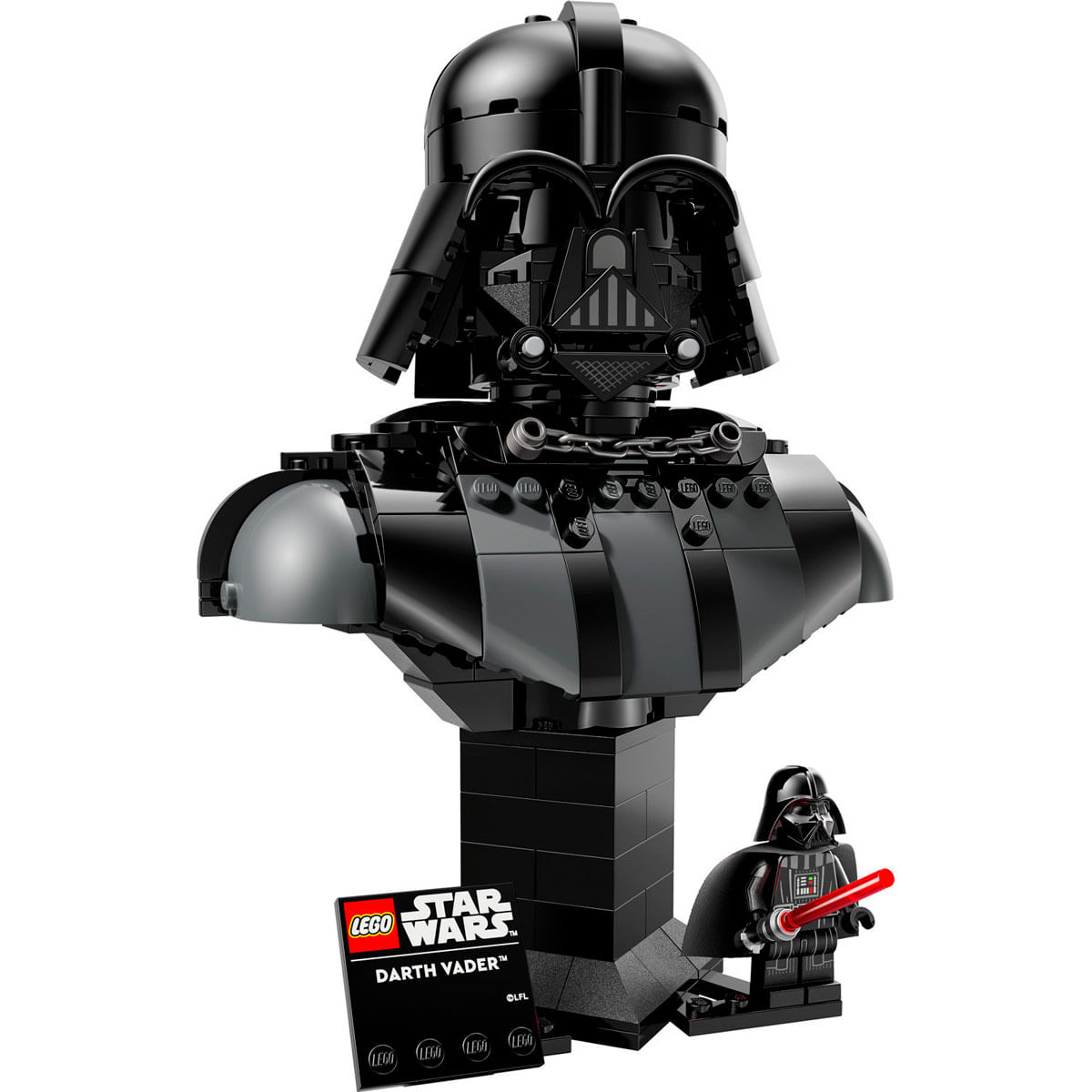 Un busto di Darth Vader Lego con minifigure e spada laser.