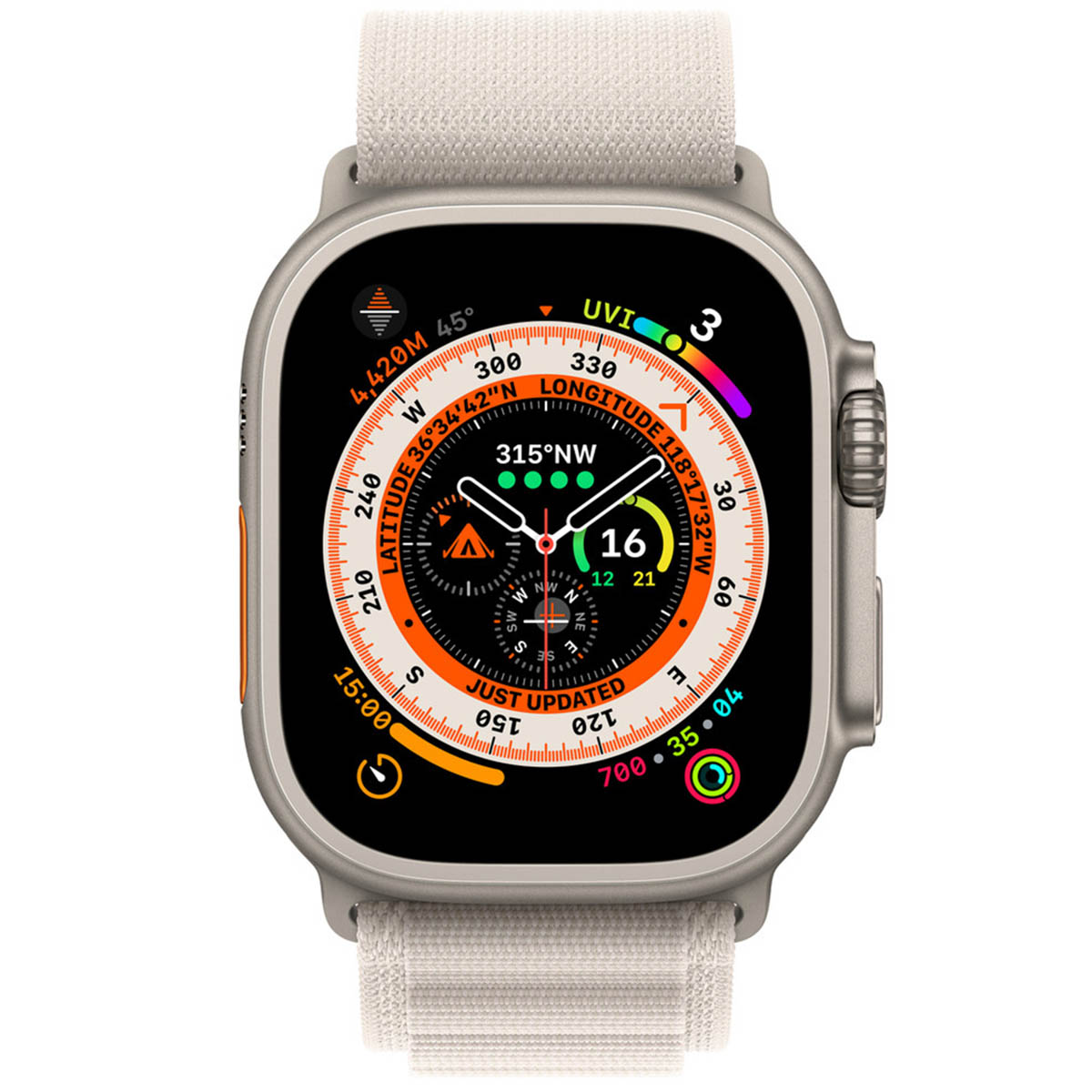 Montre connectée grise avec bracelet clair affiche boussole et coordonnées.
