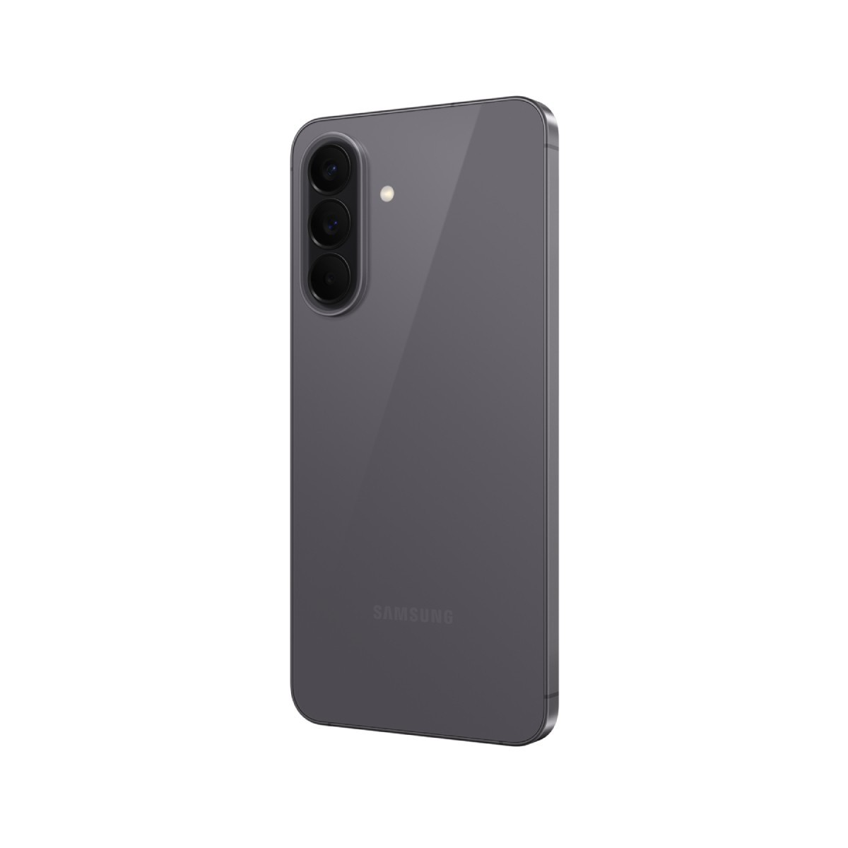Szary smartfon Samsung z trzema obiektywami i lampą błyskową z tyłu.