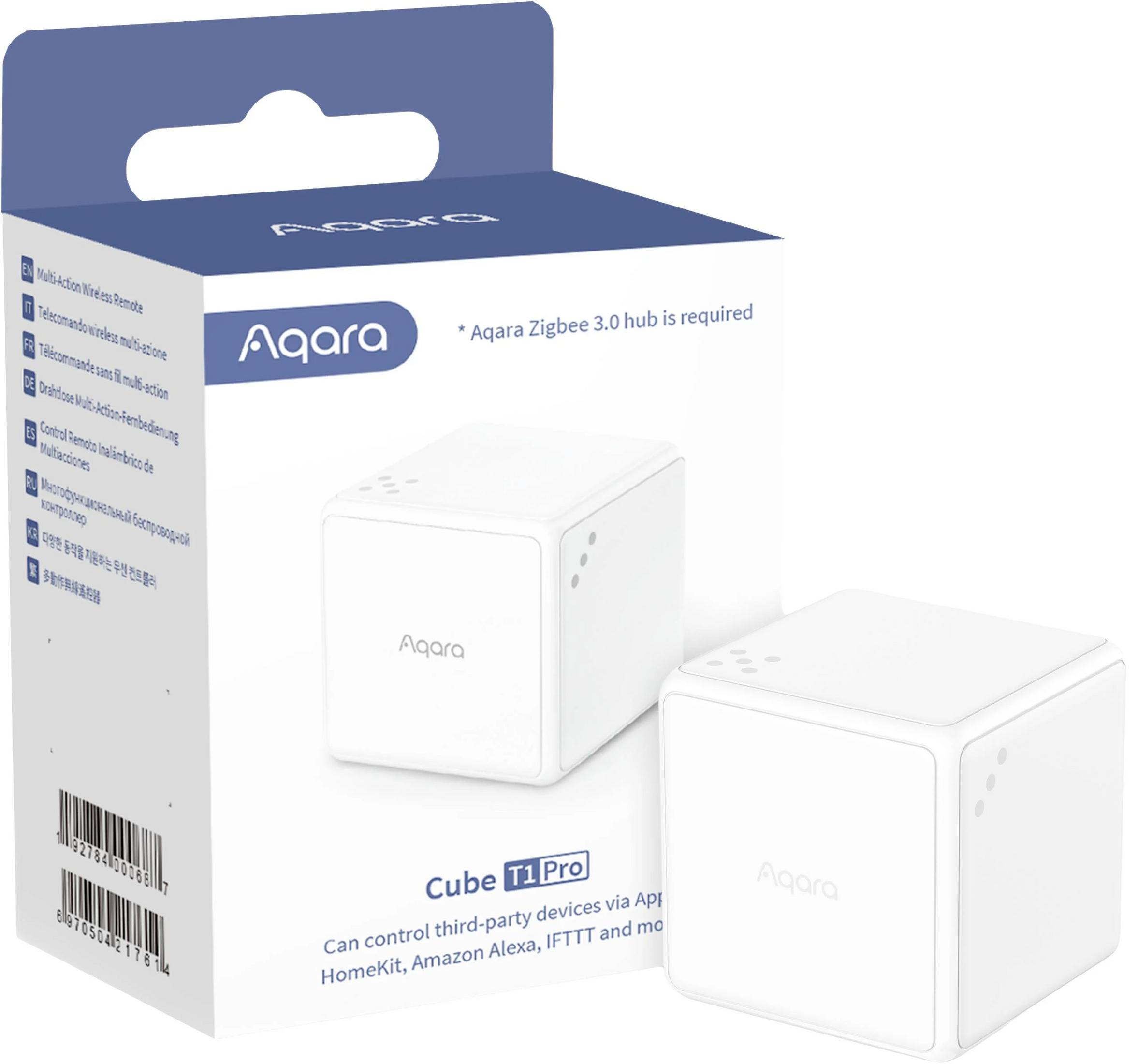 Aqara Cube T1 Pro ve bir uzaktan kumanda ambalaj üzerinde.
