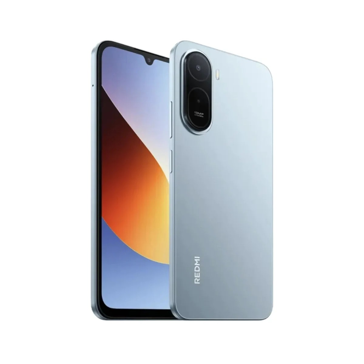 Jasnoniebieski smartfon z podwójnym aparatem z tyłu, na białym tle.