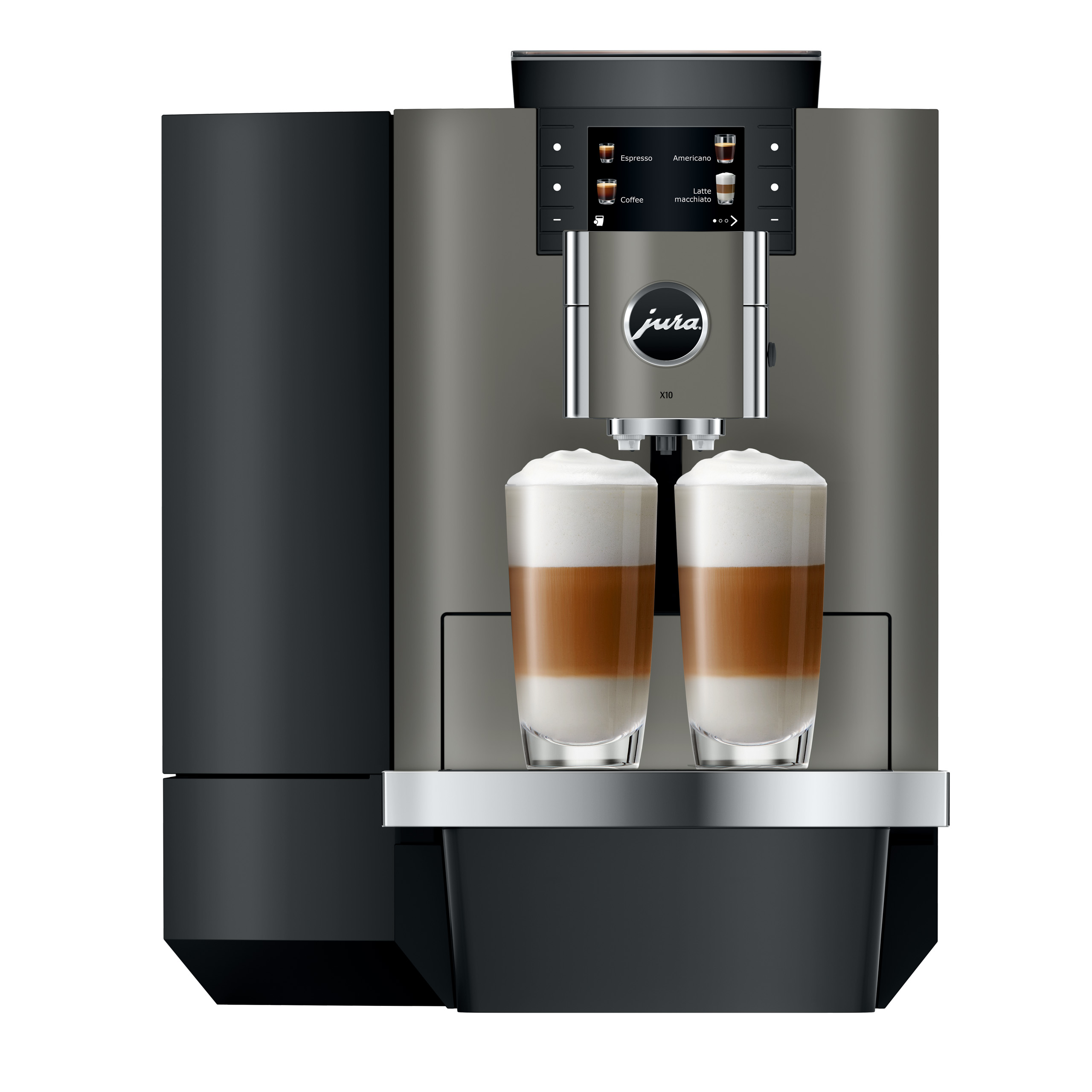 Macchina da caffè con due bicchieri di latte macchiato su un vassoio argentato.