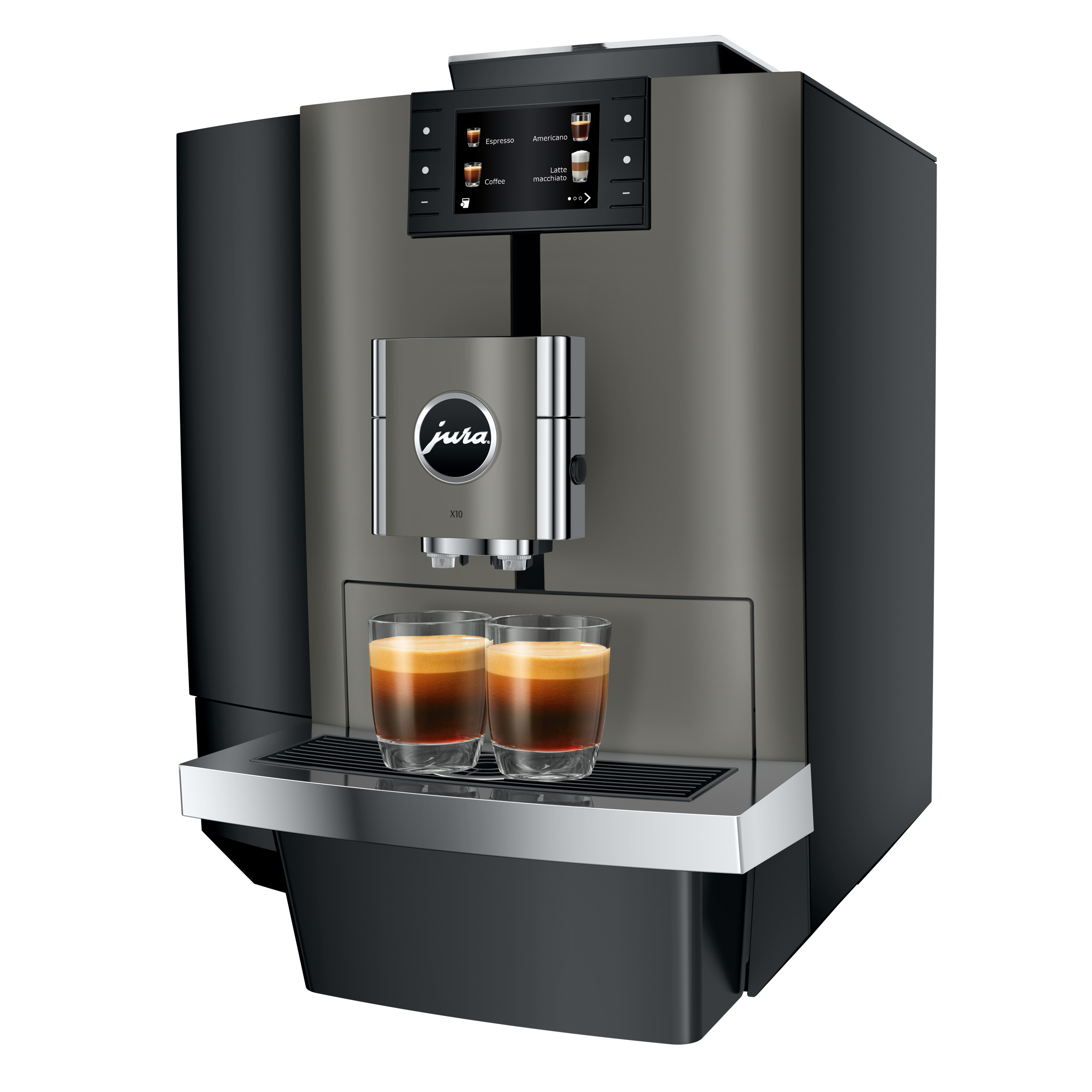 Una macchina da caffè moderna con due bicchieri di espresso sulla vaschetta raccogligocce.