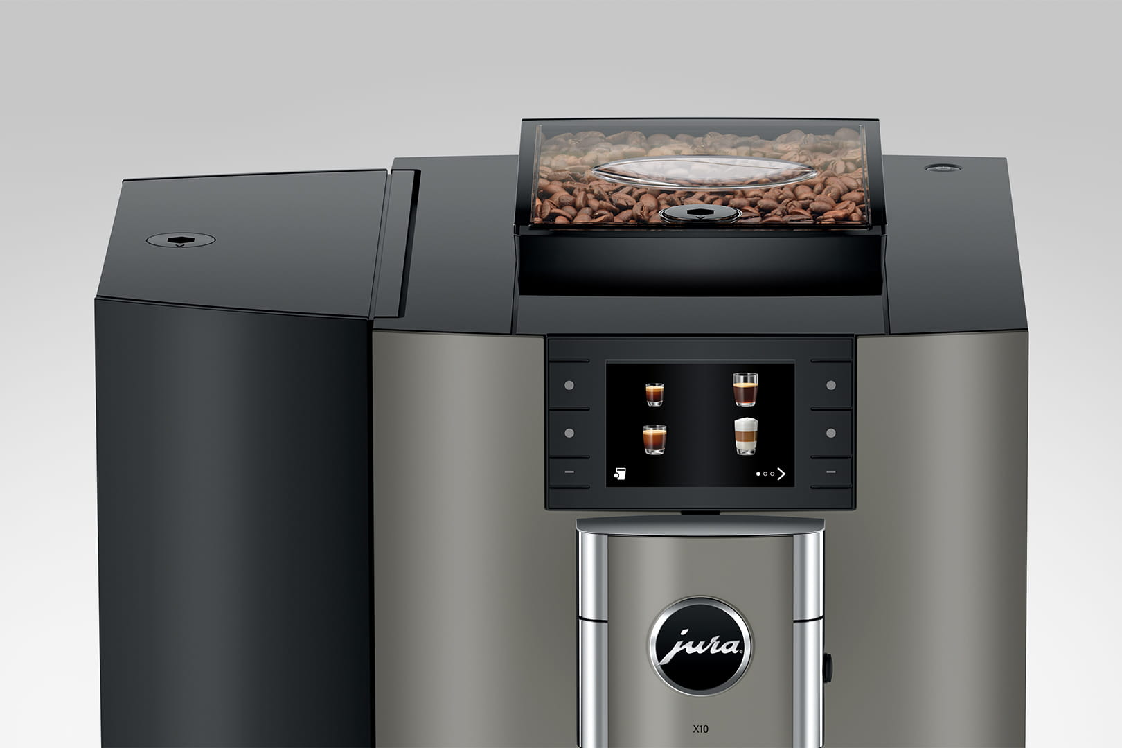 Una macchina da caffè moderna con contenitore chicchi, touchscreen e logo Jura.