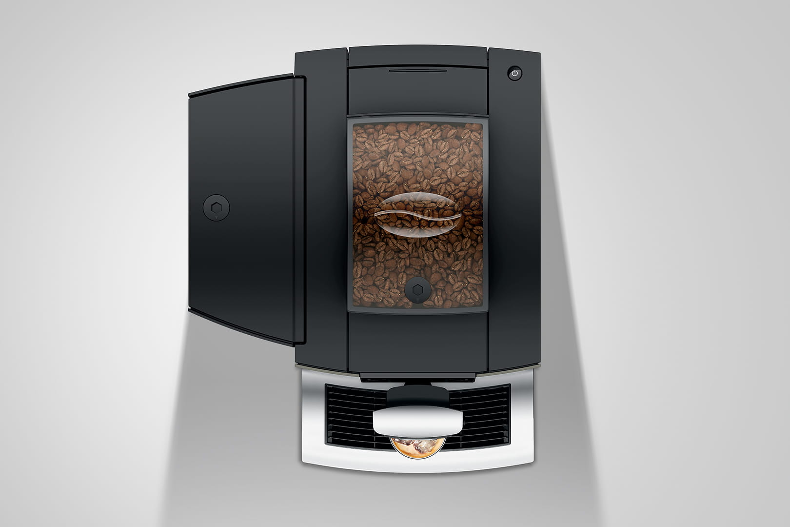 Una macchina da caffè automatica nera con un contenitore di chicchi pieno di chicchi di caffè.