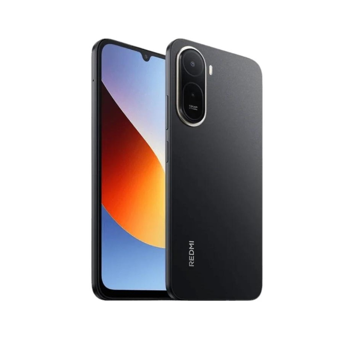 Czarny smartfon z trójkątnym gradientem na ekranie i nazwą marki Redmi.