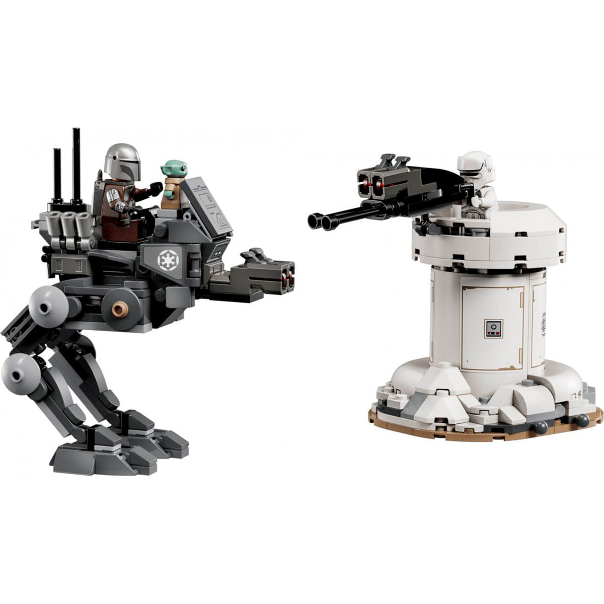 Walker Lego Mandalorian con Grogu y una torreta con un soldado de asalto.