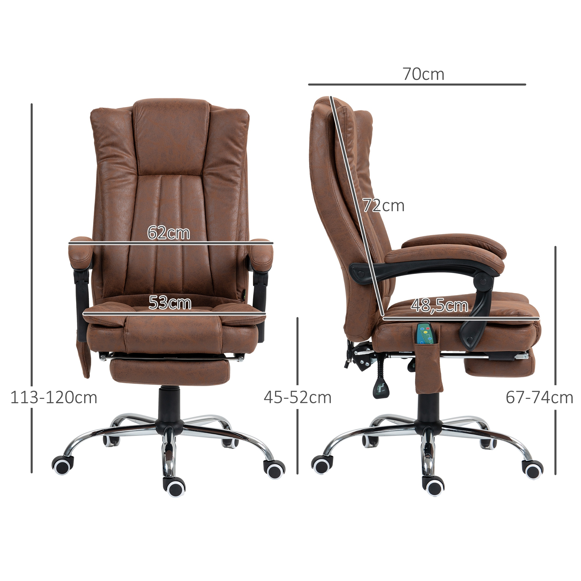 Silla de oficina marrón con dimensiones y ruedas.