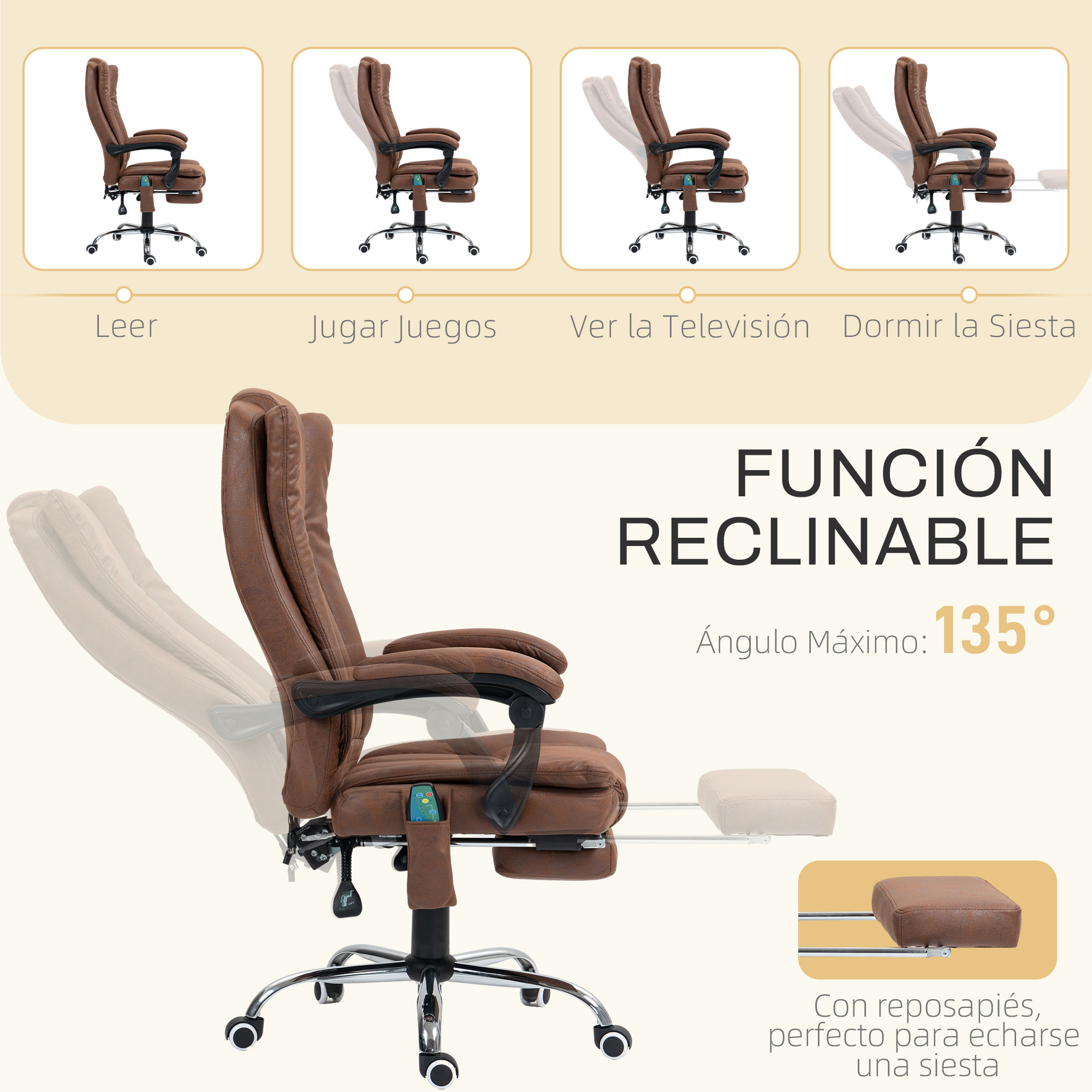 Silla de oficina marrón con reposapiés extraíble y respaldo ajustable.