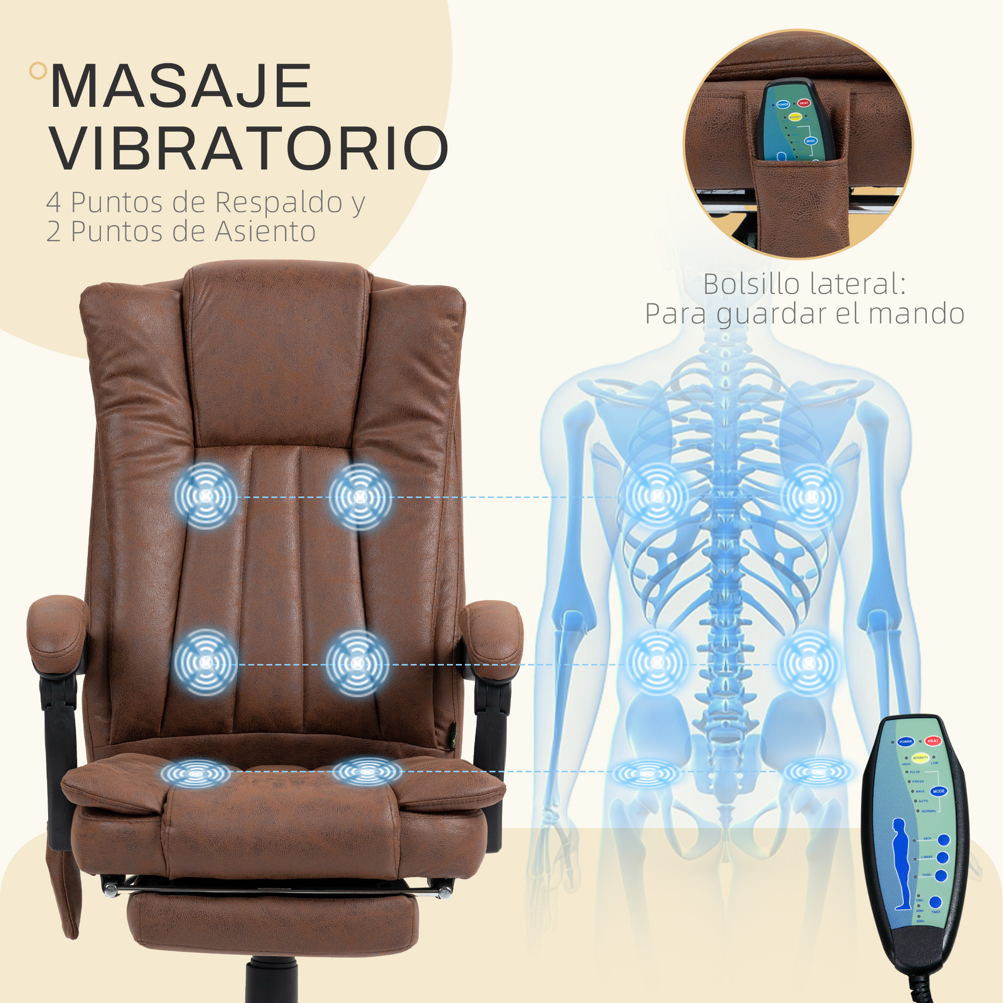 Sillón de masaje marrón con puntos de vibración y mando en bolsillo lateral.