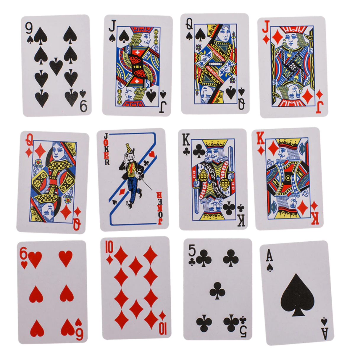 Speelkaarten: 9 schoppen, J schoppen, Q schoppen, J ruiten, Q ruiten, Joker, K ruiten, K harten, 6 harten, 10 ruiten, 5 klaveren, A schoppen.