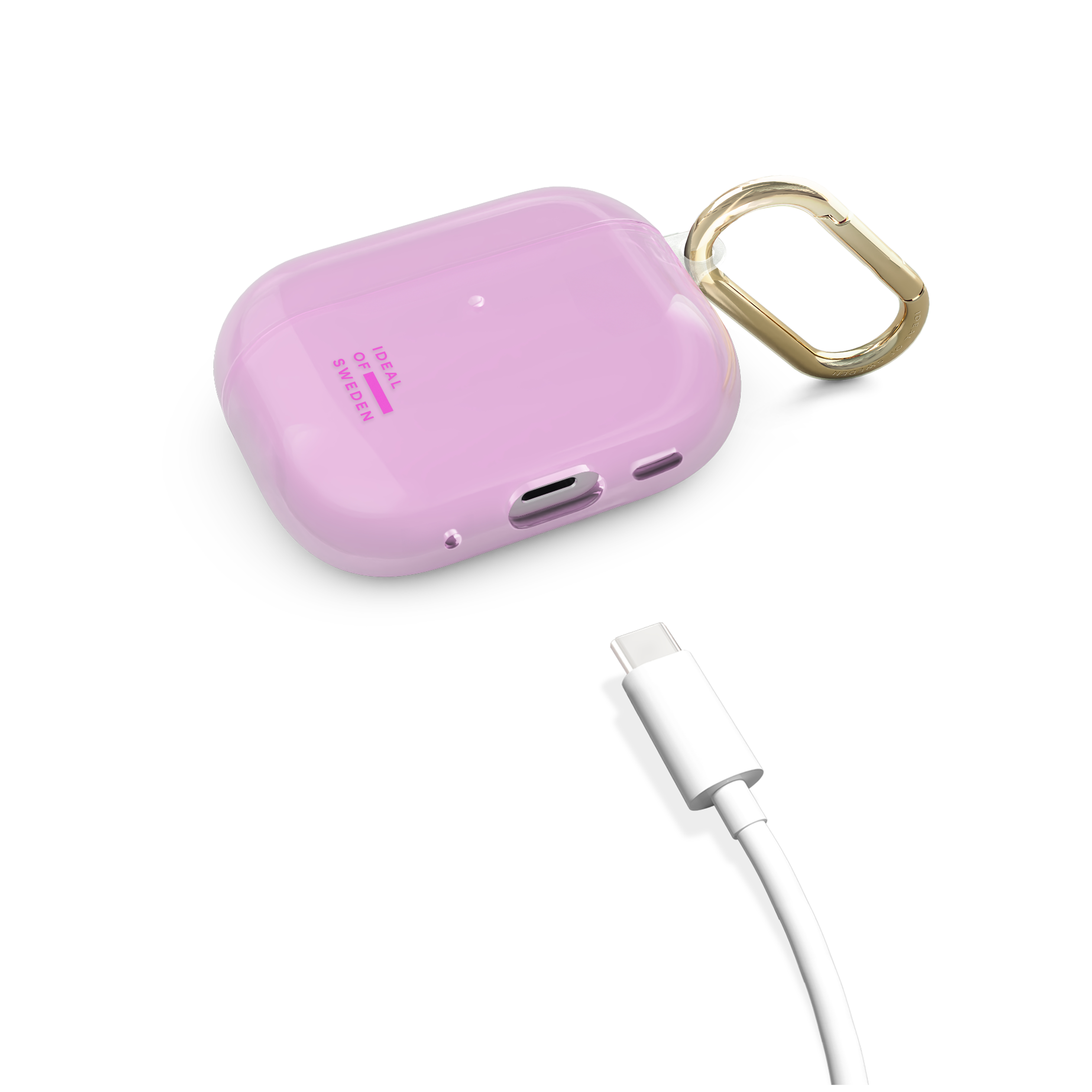 Una funda de carga rosa con clip de mosquetón y un cable USB-C blanco.