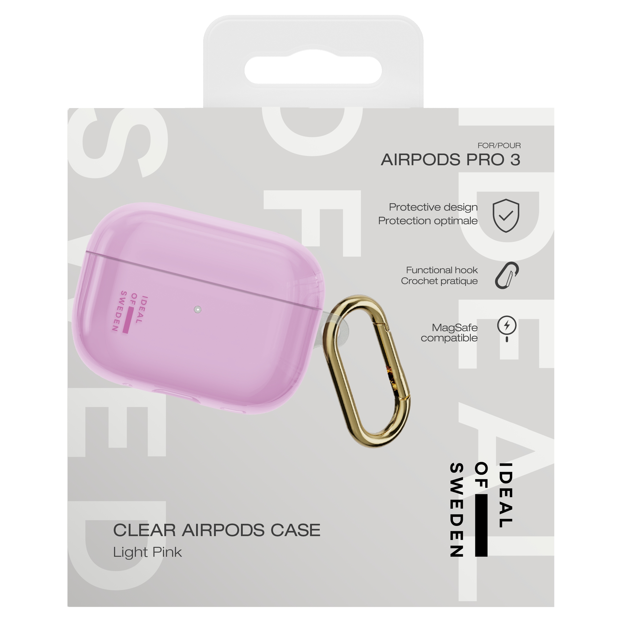 Una funda rosa claro para AirPods Pro 3 con un mosquetón dorado sobre fondo gris.