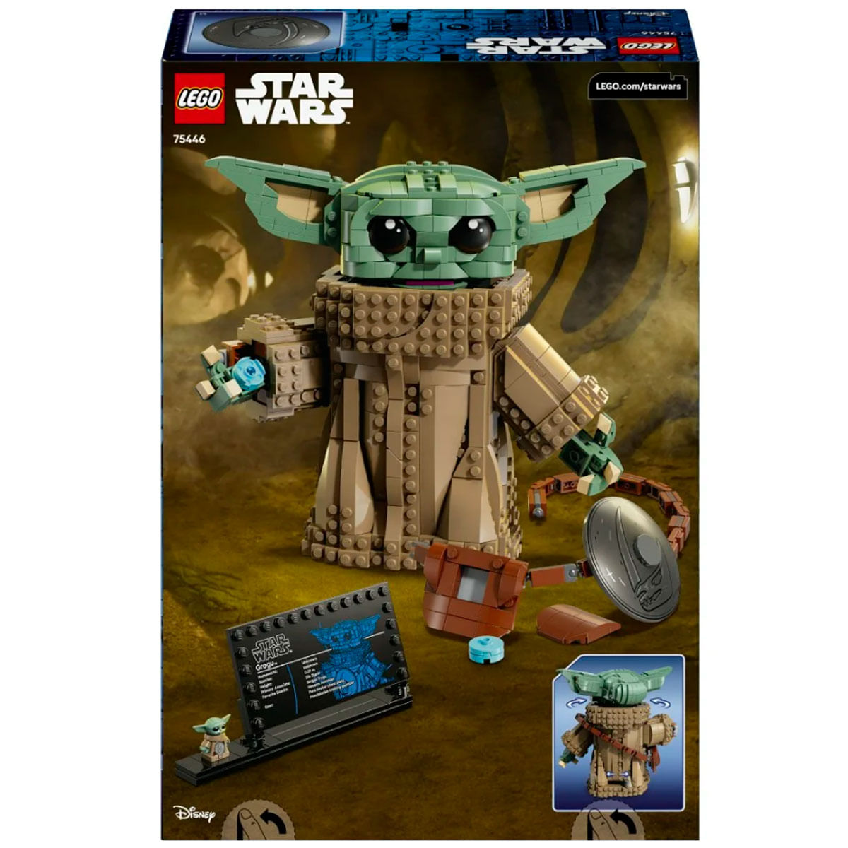 Set Lego Star Wars di Grogu con espositore e accessori. Colori verde e beige.